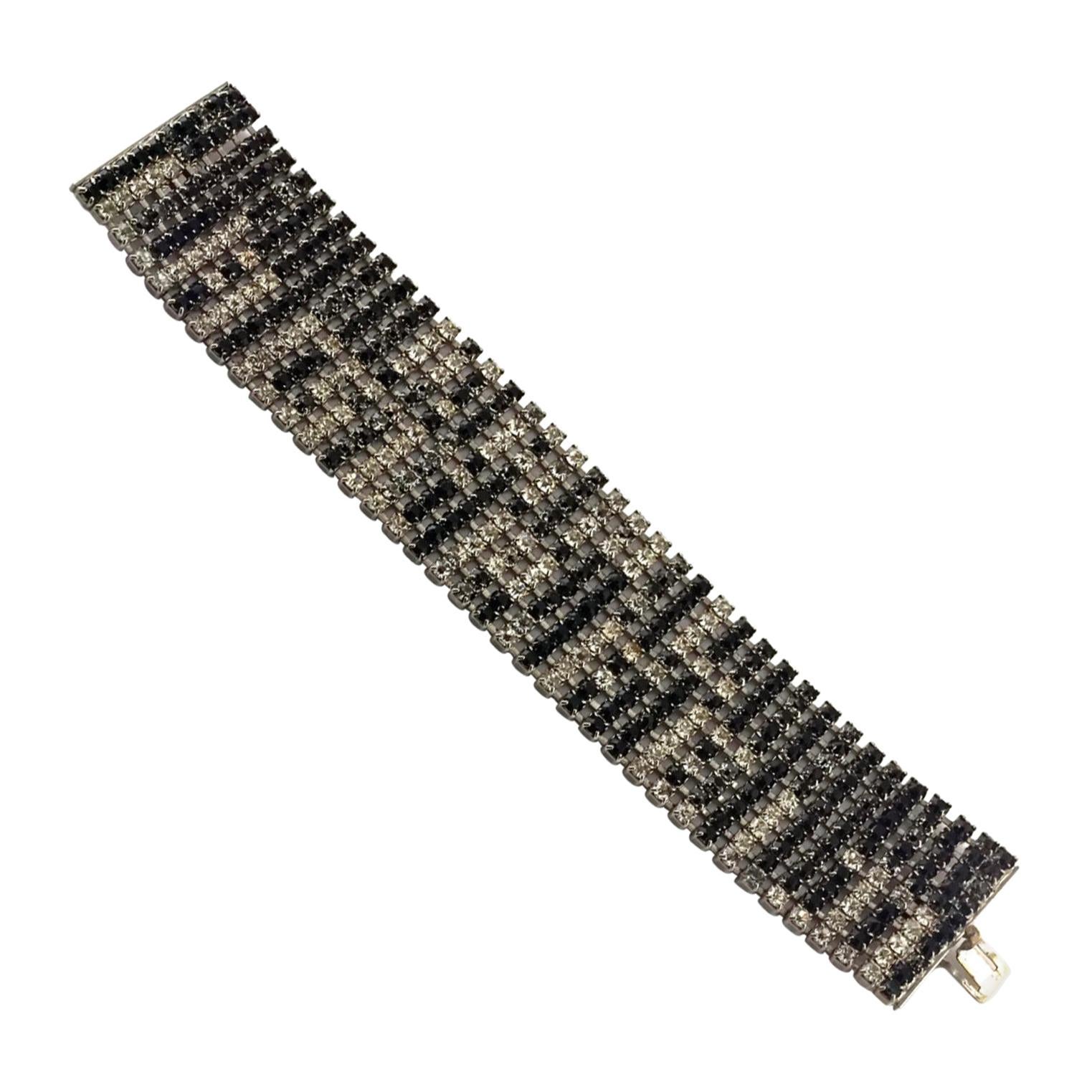 Pre-owned Karl Lagerfeld Vintage Runway Spelled Rhinestones Mesh Bracelet In Black