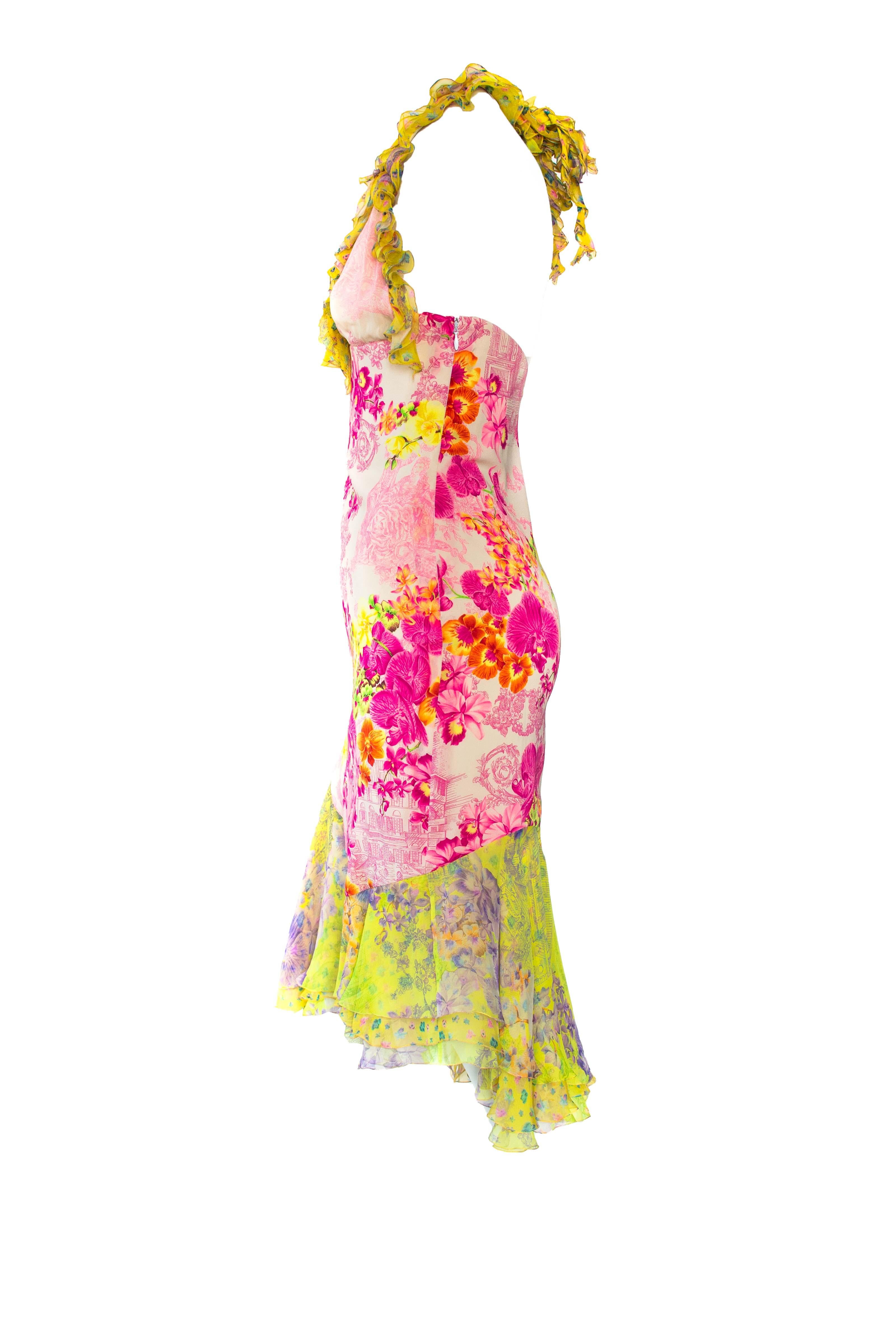 Beige S/S 2004 Versace Neon Floral Chiffon Dress Vintage Runway