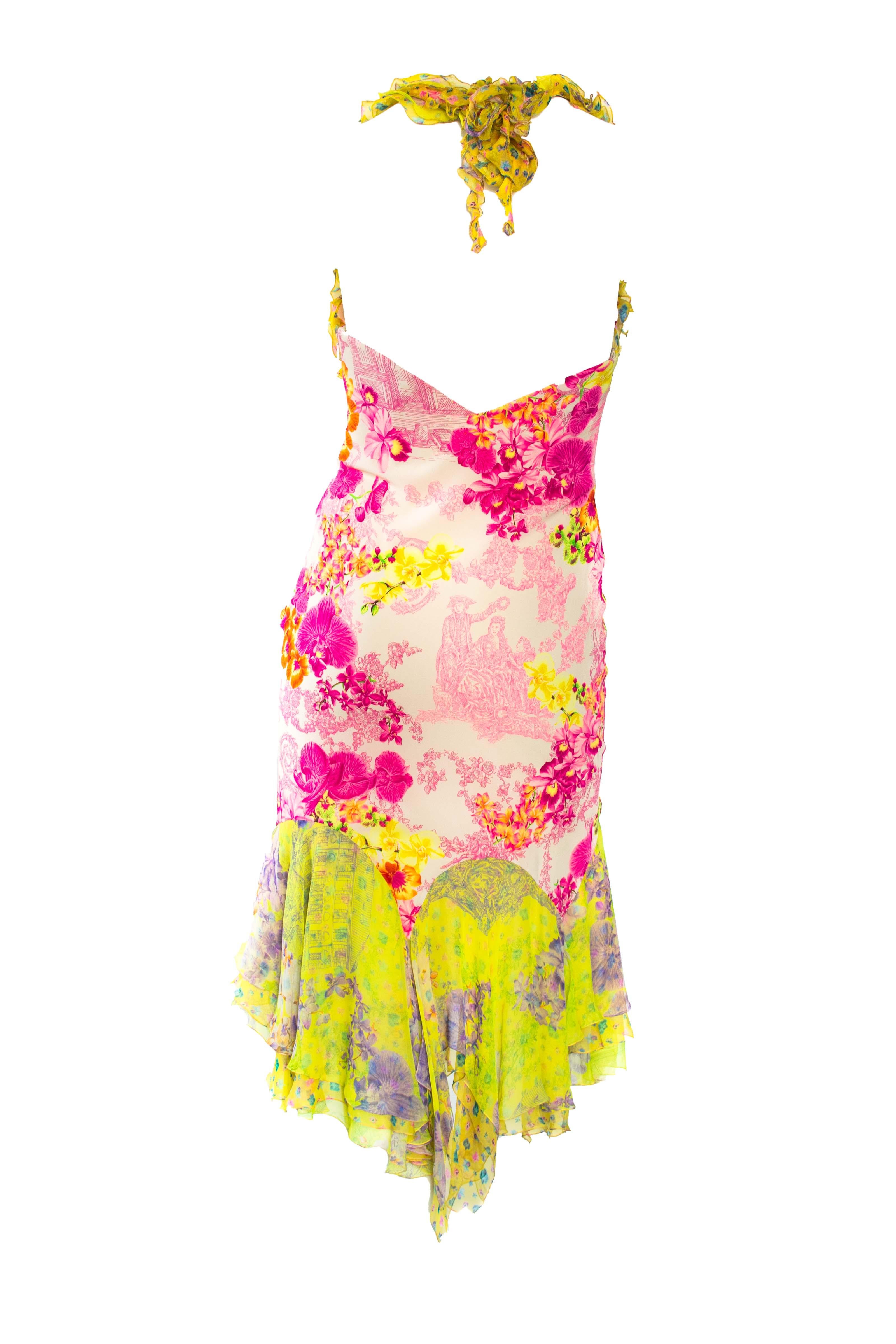S/S 2004 Versace Vestido de gasa floral neón Pasarela Vintage 1