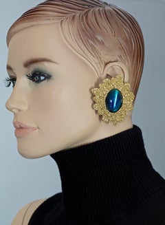 Vintage Runway YVES SAINT LAURENT Ysl Blue Cabochon Textured Bubble Earrings