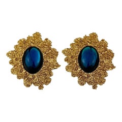 Vintage Runway YVES SAINT LAURENT Ysl Blue Cabochon Textured Bubble Earrings