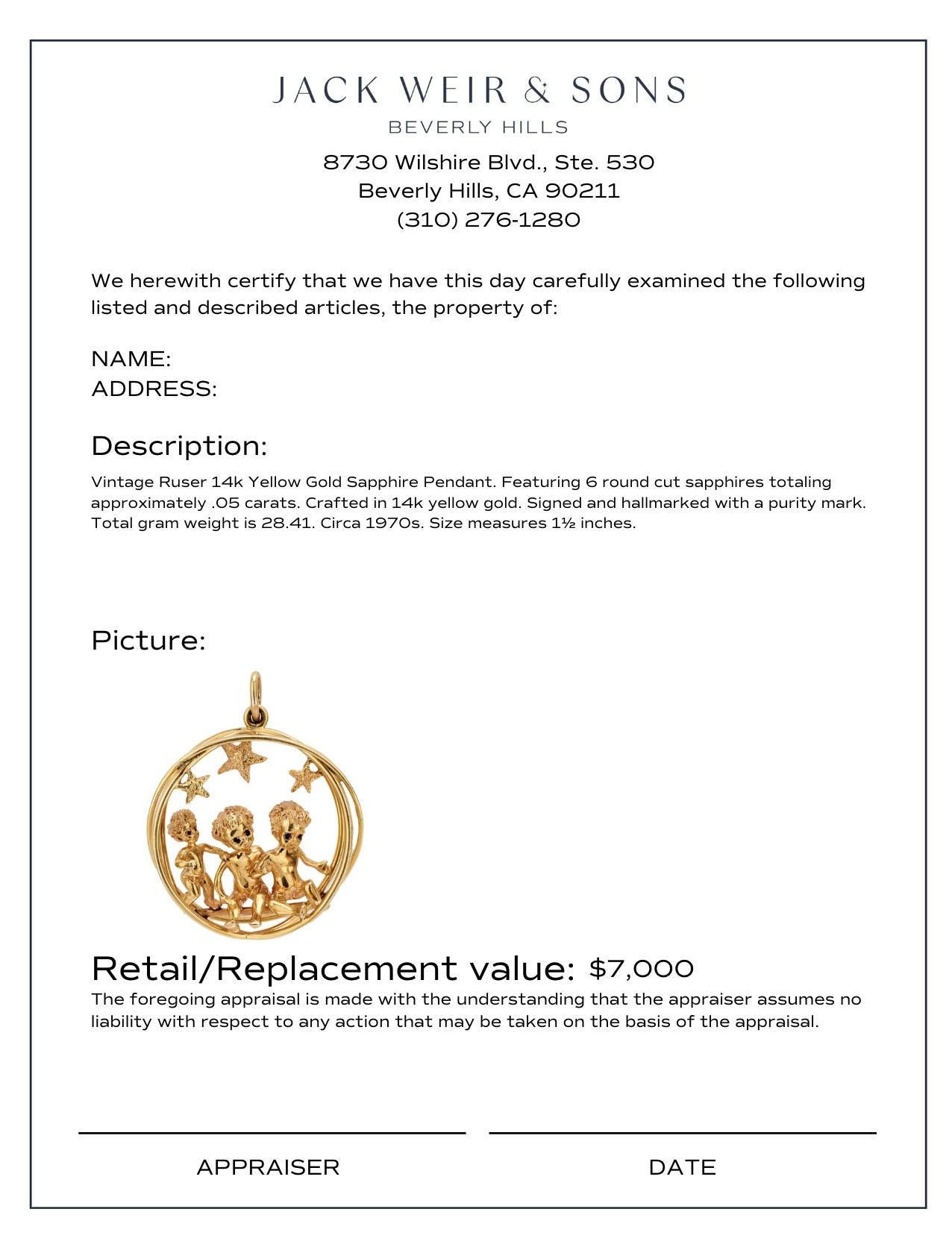 Round Cut Vintage Ruser 14k yellow gold sapphire pendant For Sale