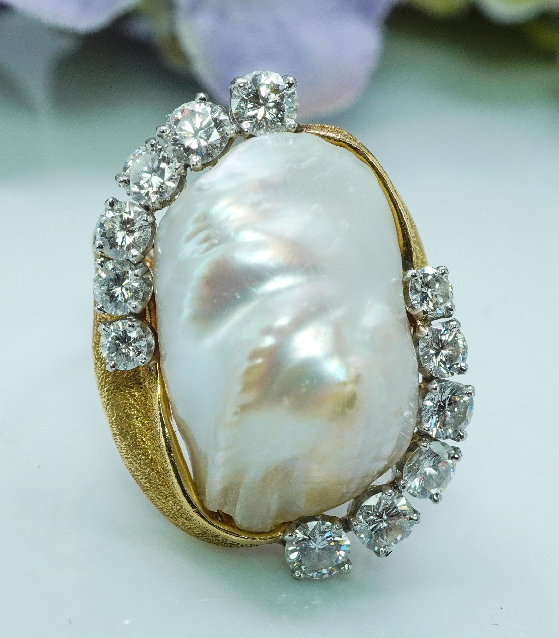 Rétro Vintage Ruser Pearl Diamond Ring 18K Gold Large HEAVY Estate Designer 1.40ct en vente
