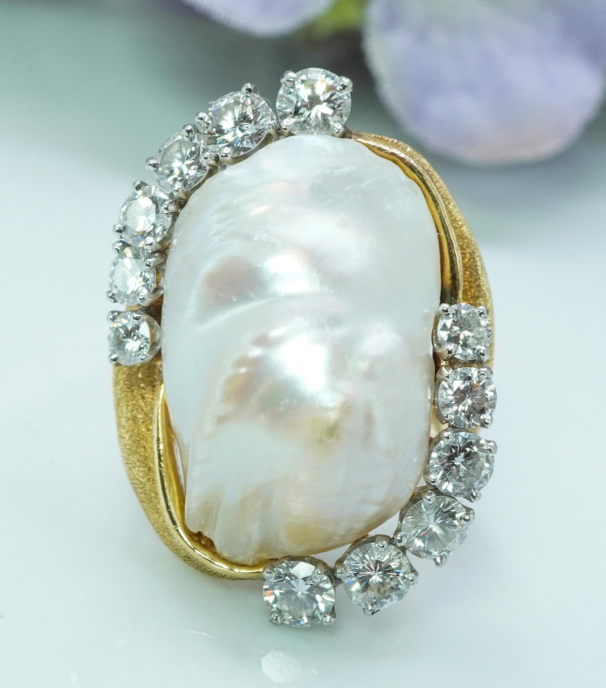 Vintage Ruser Pearl Diamond Ring 18K Gold Large HEAVY Estate Designer 1.40ct Pour femmes en vente