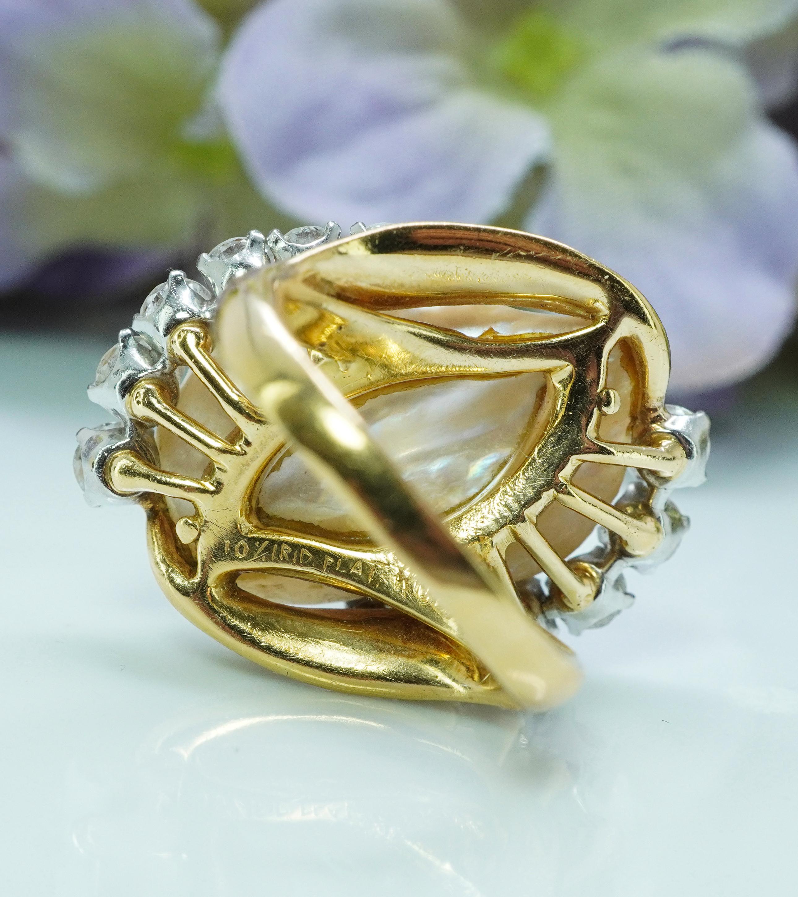 Vintage Ruser Pearl Diamond Ring 18K Gold Large HEAVY Estate Designer 1.40ct en vente 1