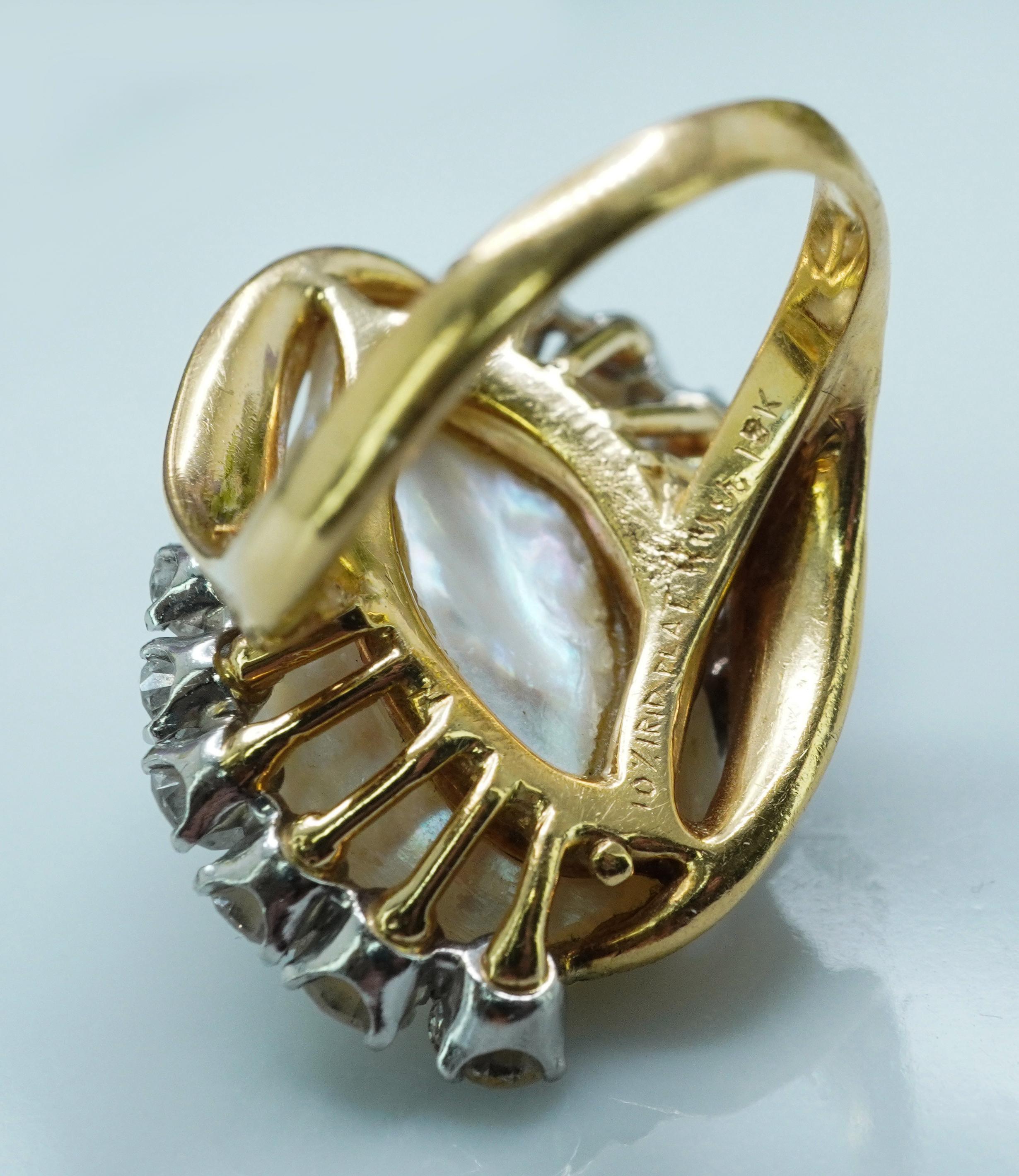 Vintage Ruser Pearl Diamond Ring 18K Gold Large HEAVY Estate Designer 1.40ct en vente 2