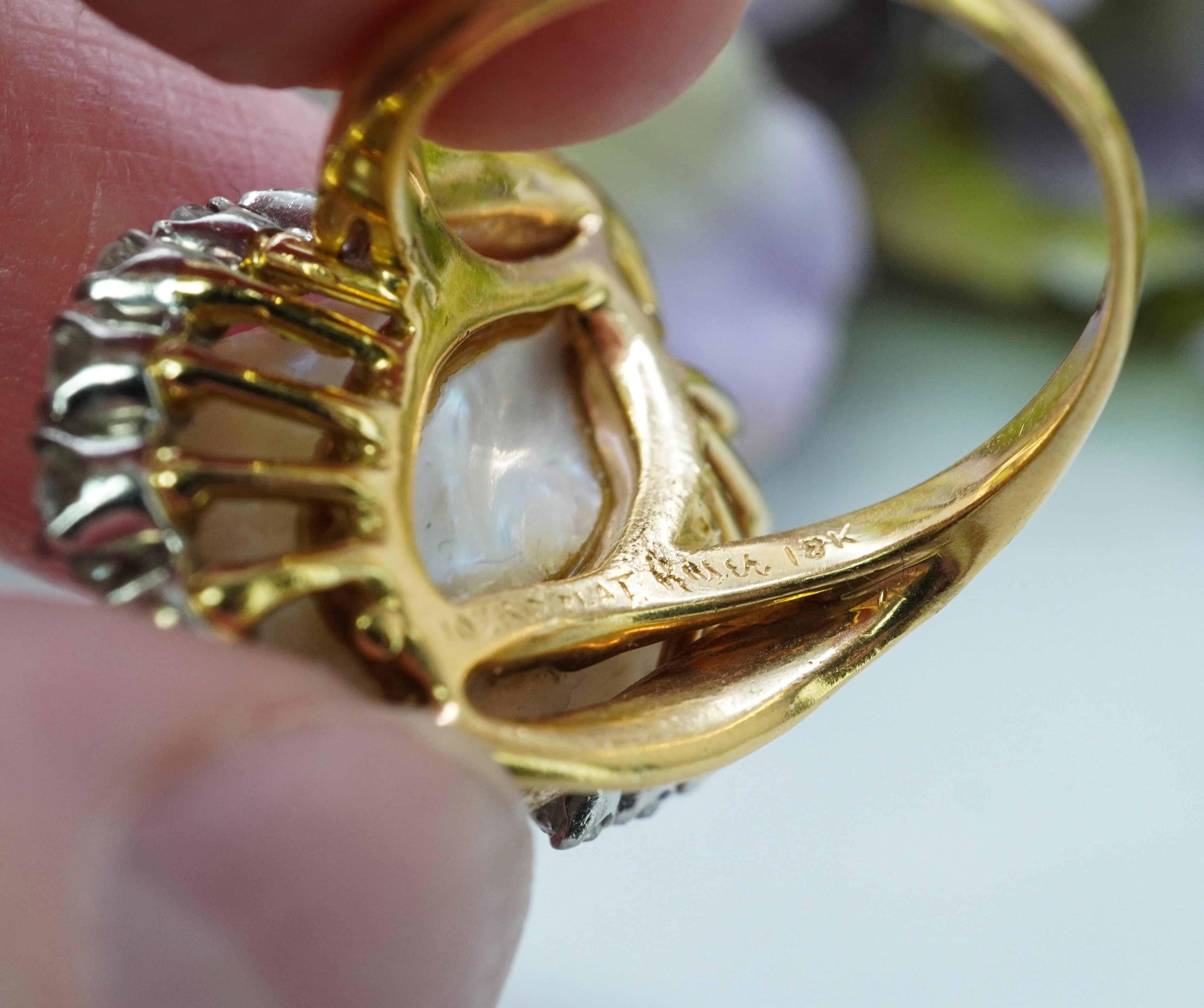 Vintage Ruser Pearl Diamond Ring 18K Gold Large HEAVY Estate Designer 1.40ct en vente 3