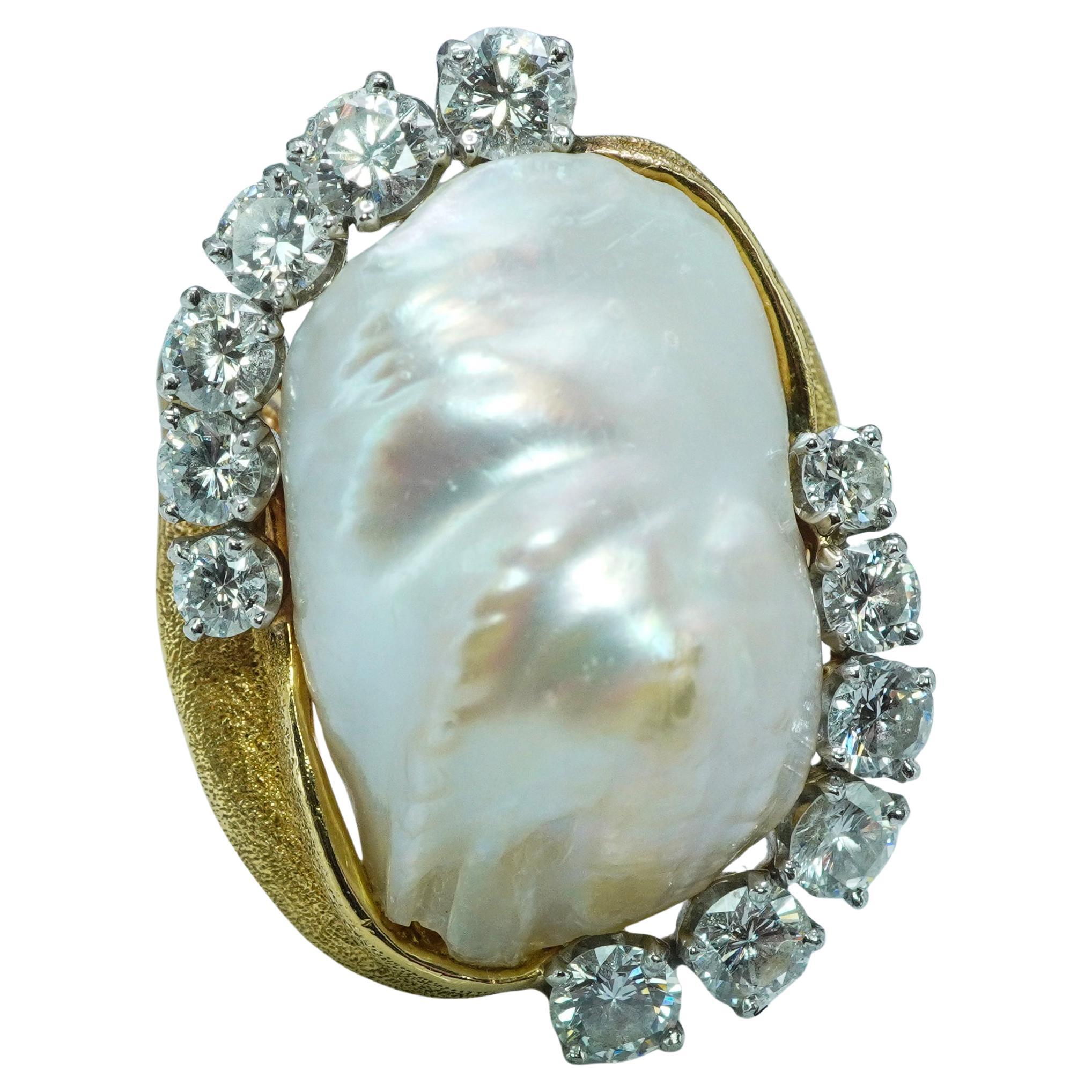 Vintage Ruser Pearl Diamond Ring 18K Gold Large HEAVY Estate Designer 1.40ct en vente