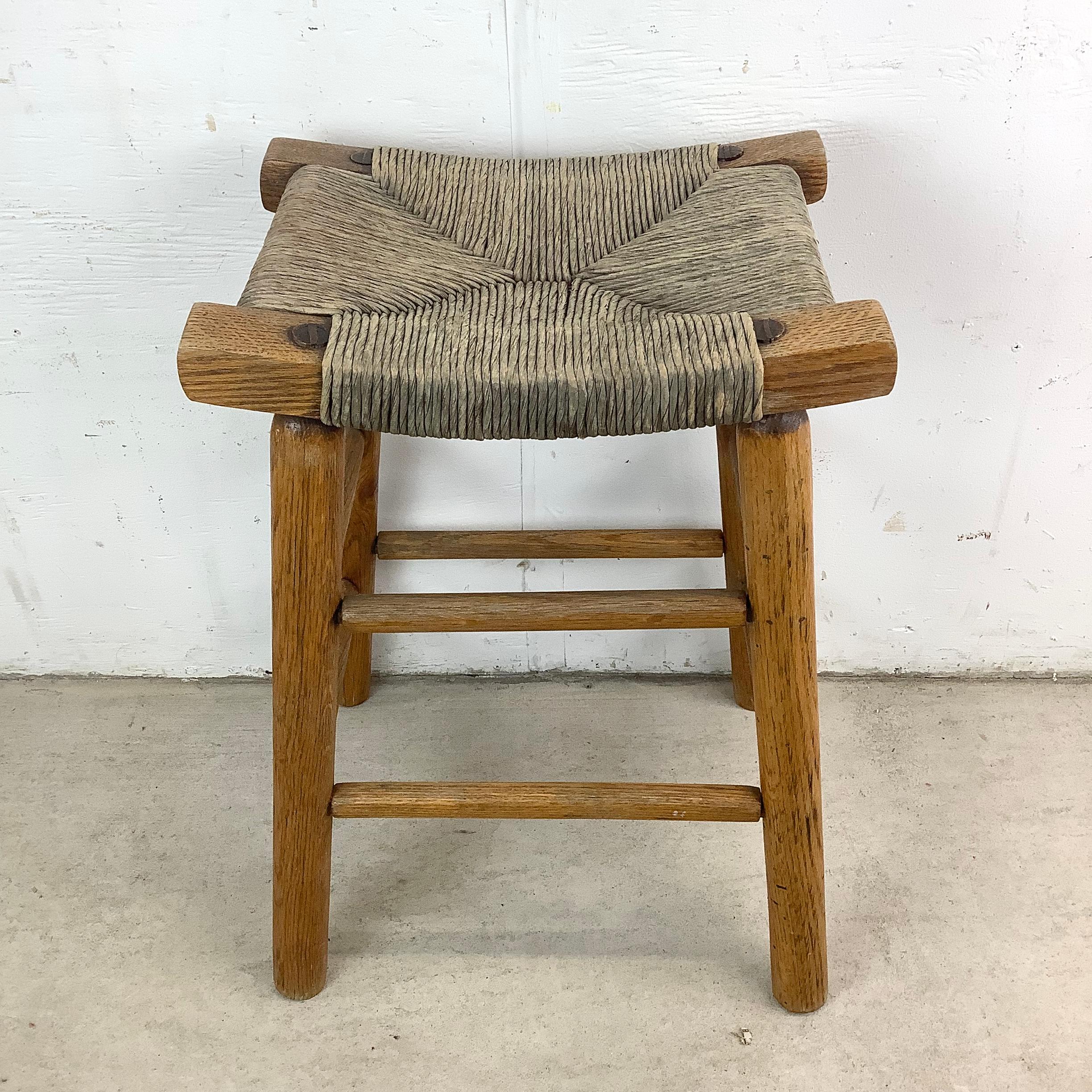 Rustic Vintage Rush Seat Counter Stool For Sale