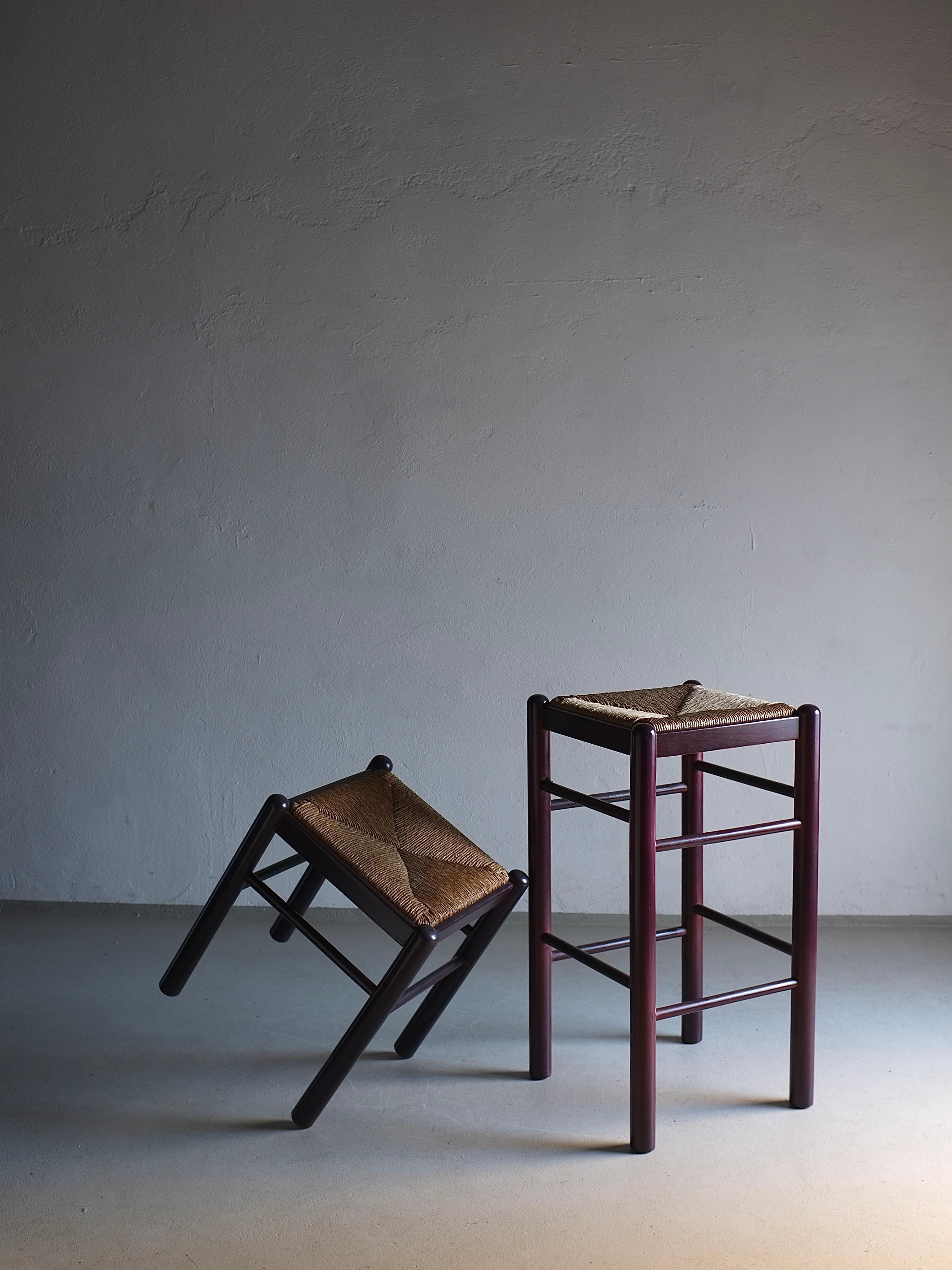 Rustic Vintage Rush Seat Stool and Bar Stool, Italy, 1970s For Sale