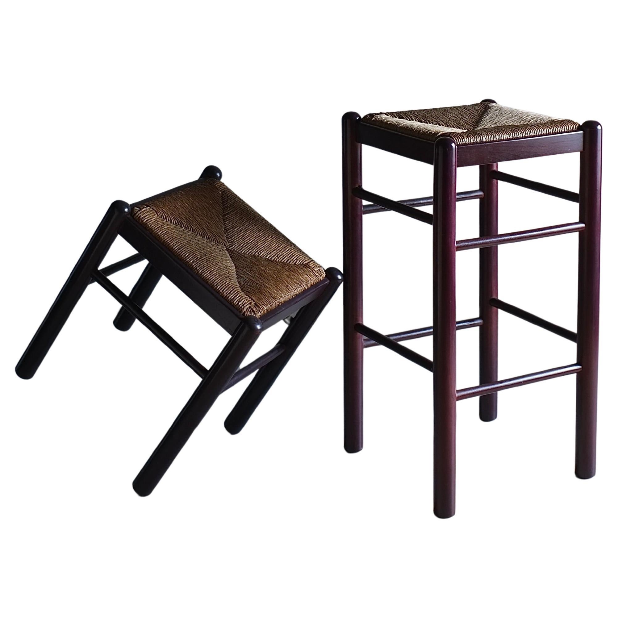 Vintage Rush Seat Stool and Bar Stool, Italy, 1970s