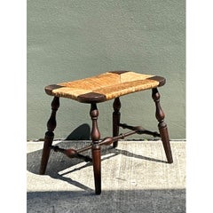 Vintage Rush Seat Turned Wood Low Stool