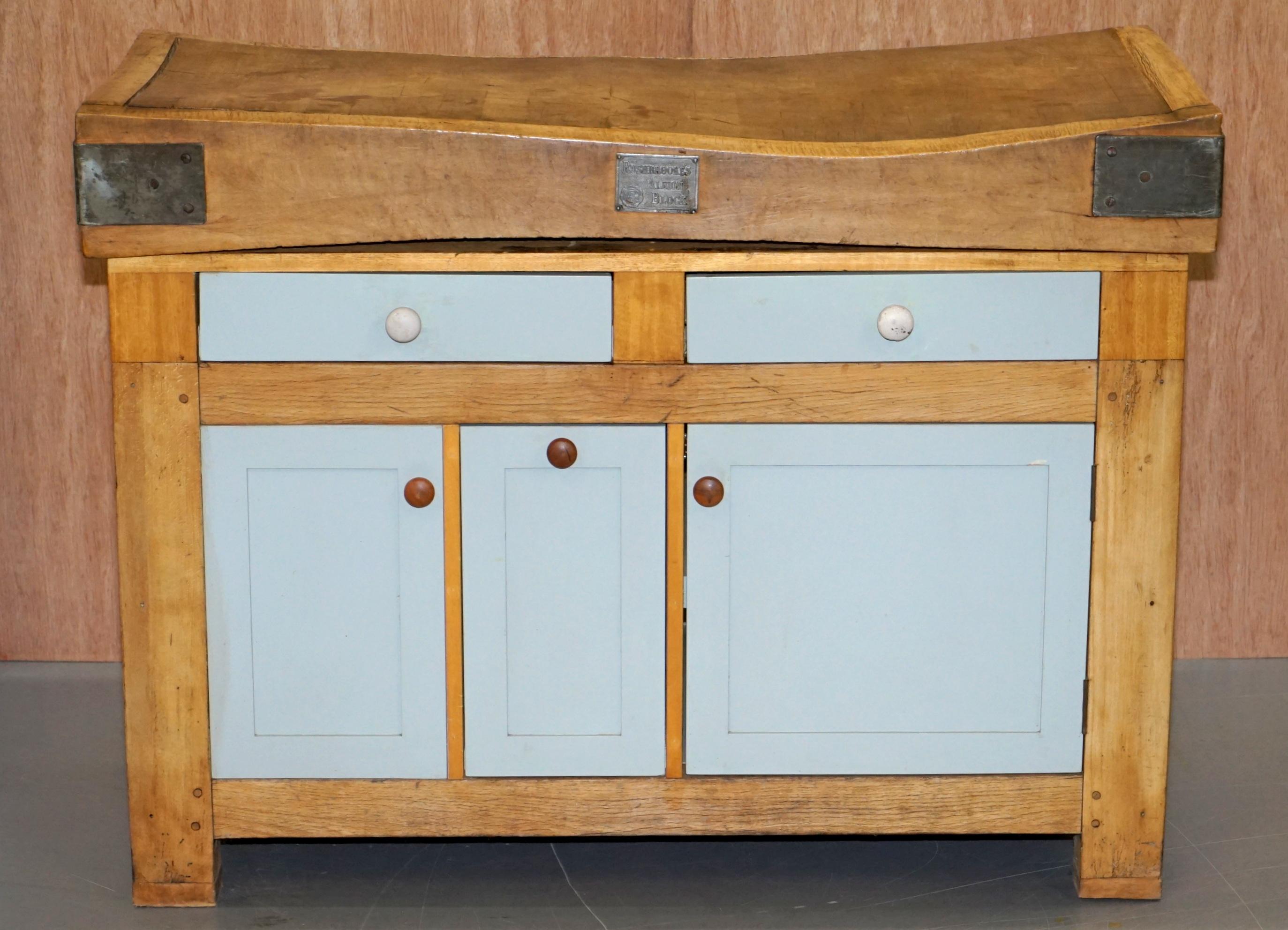 We are delighted to this original Rushbrook’s Albion butchers block fitted to a new custom made kitchen cupboard

A very cool piece of furniture, it has the original heavily used Rushbrook’s Albion top which has decades of wear and use fitted to a