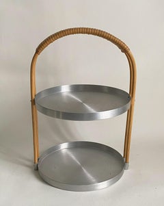 Vintage Russel Wright Two-Tier Spun Aluminum and Rattan Handled Server, 1930s