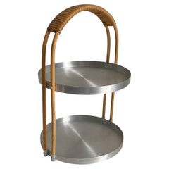 Vintage Russel Wright Two-Tier Spun Aluminum and Rattan Handled Server, 1930s