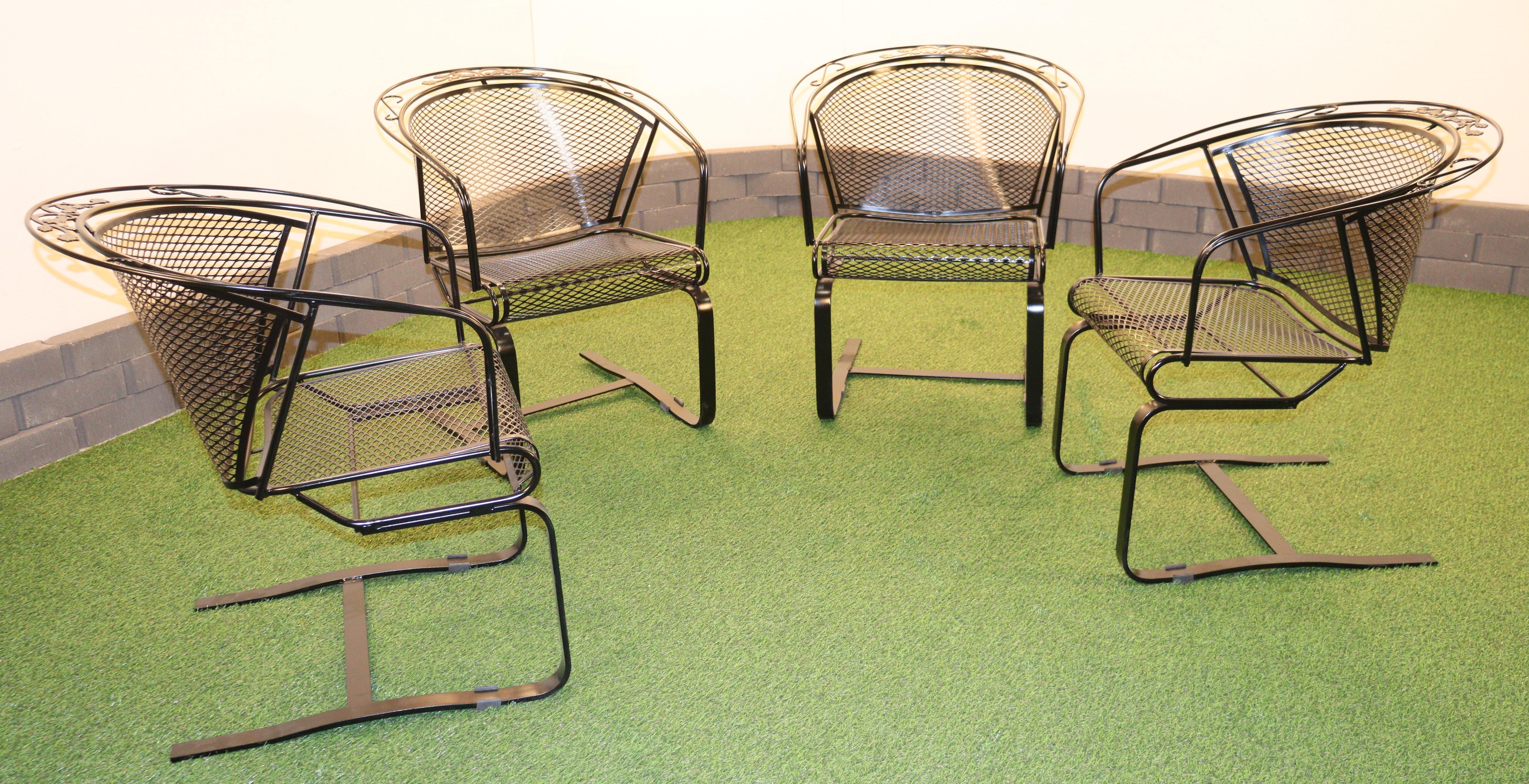 Vintage Russell Woodard Acorn and Oak Leaf Wrought Iron Rockers With Table For Sale 2
