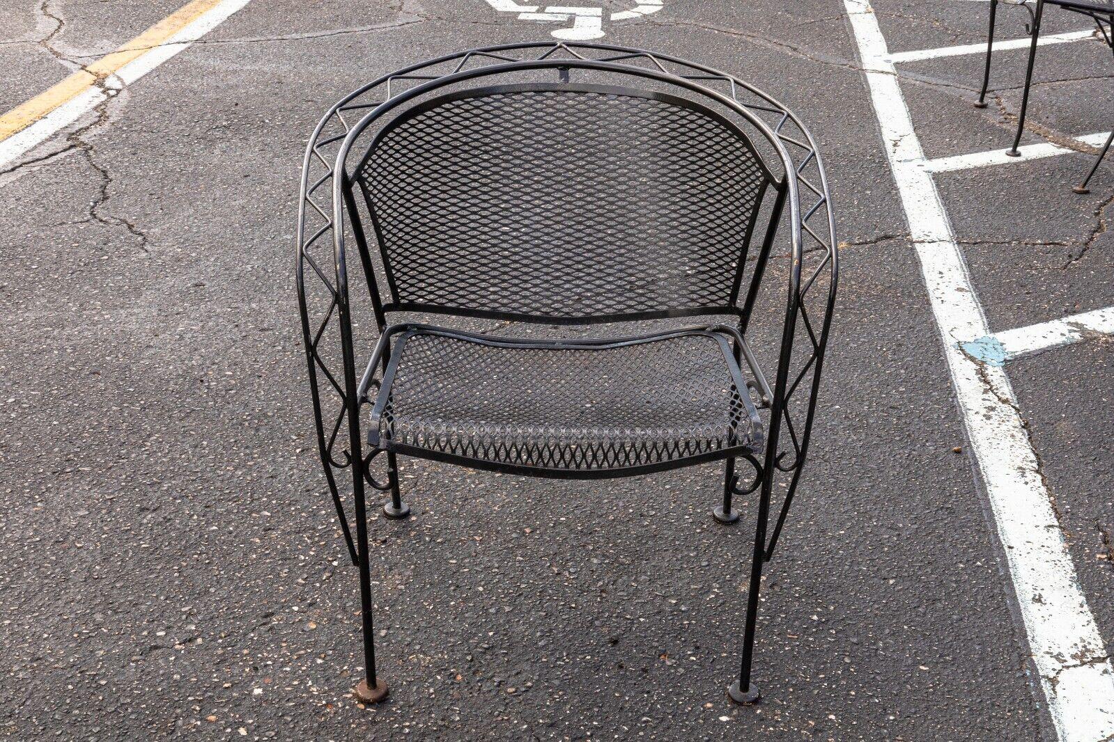 20th Century Vintage Russell Woodard Black Wrought Iron Patio Set with Table and 4 Chairs For Sale