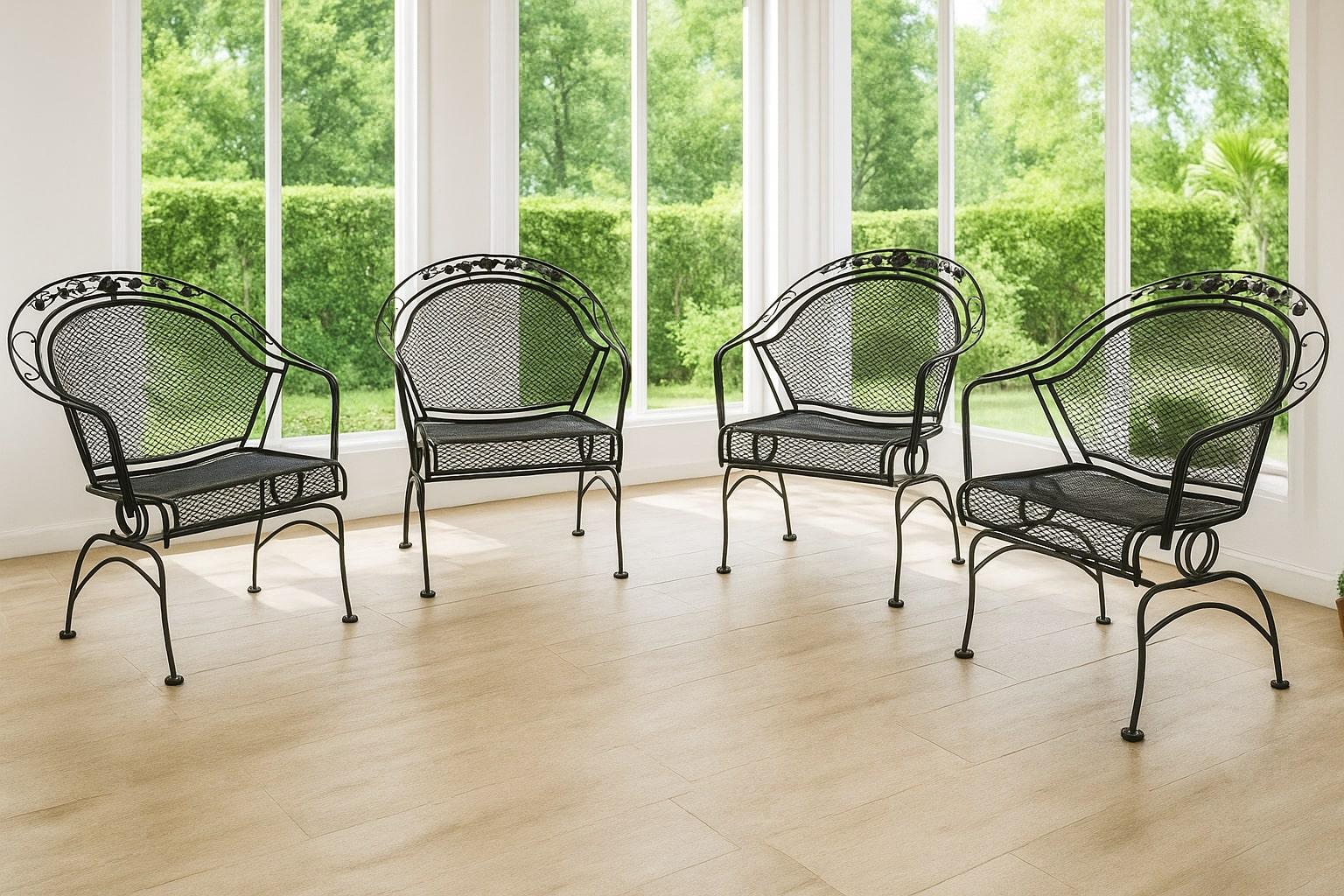 Russell Woodard “Peony Flower” Wrought Iron Barrel Chairs – Timeless Elegance and Comfort

Elevate your outdoor or indoor space with the classic charm of Russell Woodard’s “Peony Flower” wrought iron barrel chairs. These mid-century treasures