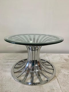 Vintage Russell Woodard Polished Aluminum Side Table w/ Glass Top