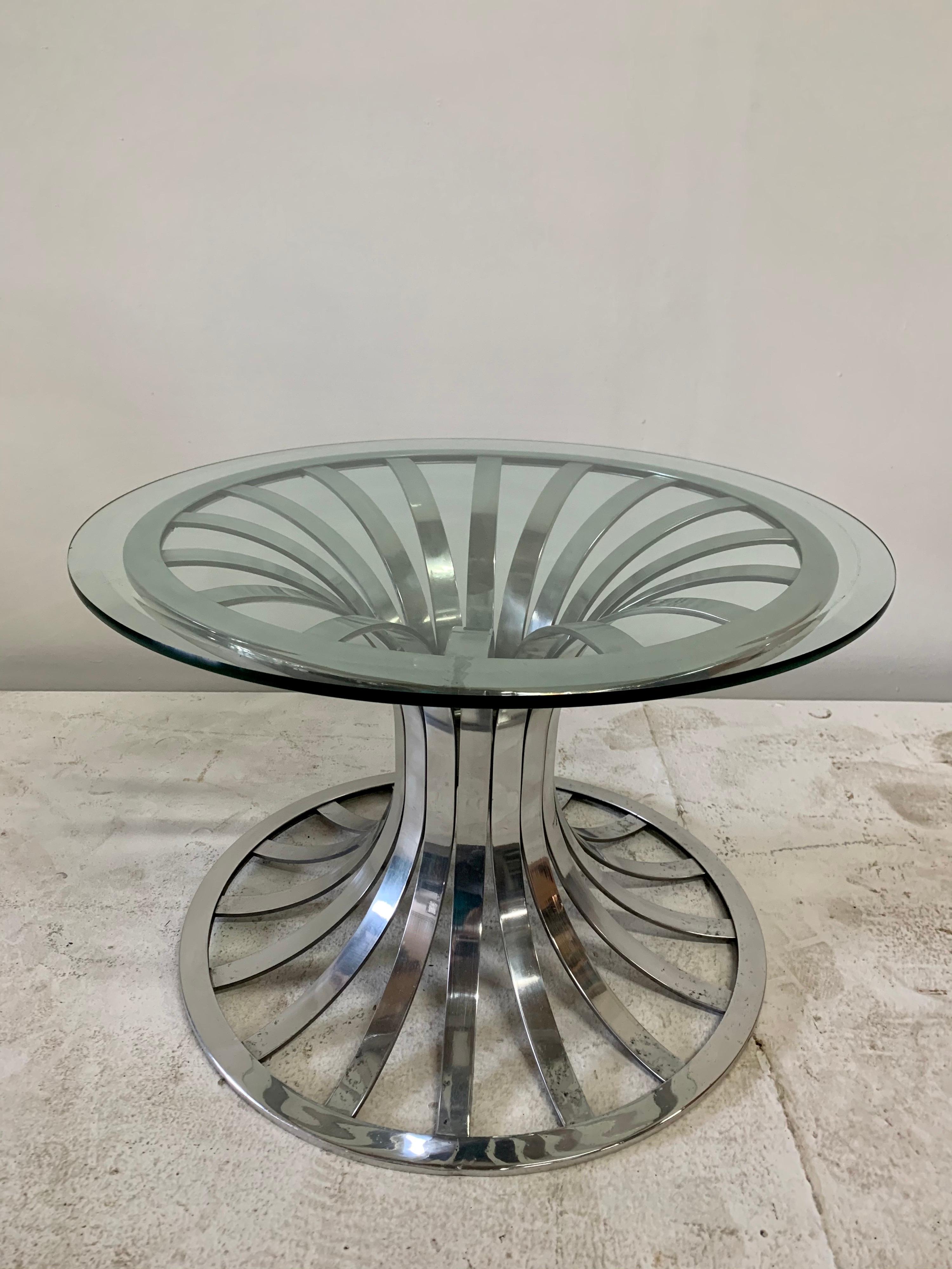 Mid-Century Modern Vintage Russell Woodard Polished Aluminum Side Table w/ Glass Top For Sale