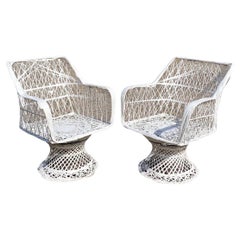 Vintage Russell Woodard Woven Spun Fiberglass Swivel Tilt Outdoor Chairs - Pair