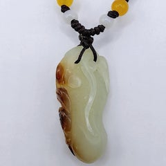 Vintage Russet Skin Hetian White Jade Gourd & Bat Fortune Pendant Necklace