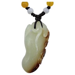 Vintage Russet Skin Hetian White Jade Gourd & Bat Fortune Pendant Necklace