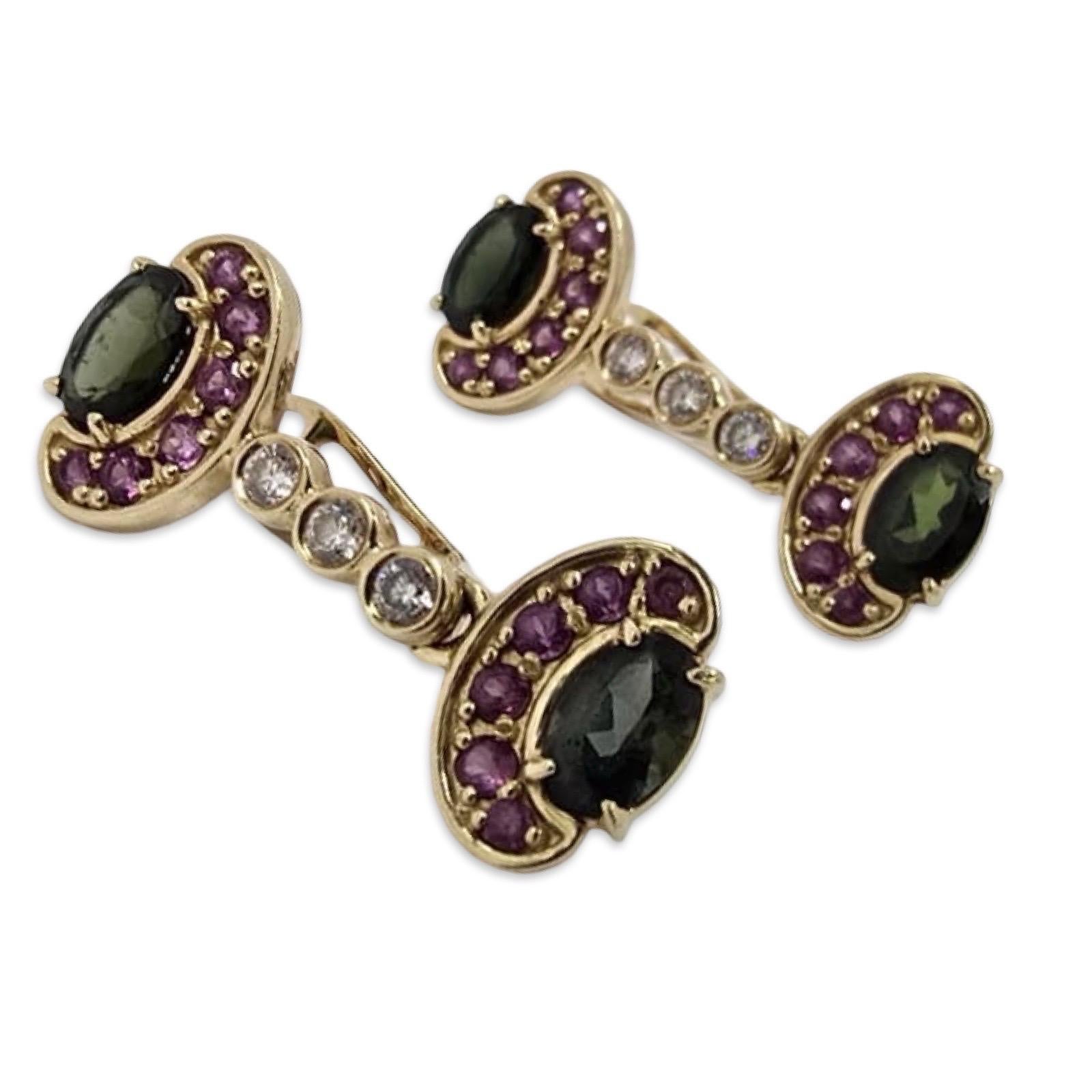 Vintage Russian 14K Gold 3,20ctw Turmalin & Diamant Tropfen Ohrringe baumeln (Ovalschliff) im Angebot