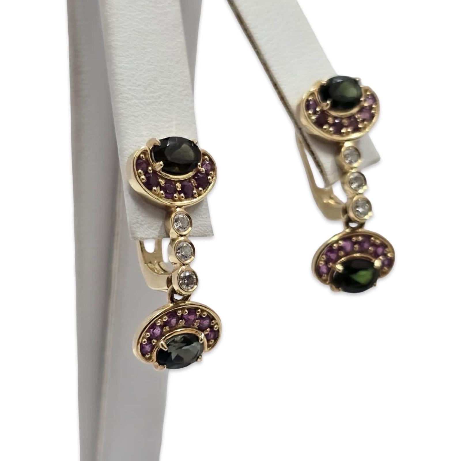 Vintage Russian 14K Gold 3,20ctw Turmalin & Diamant Tropfen Ohrringe baumeln im Zustand „Hervorragend“ im Angebot in Miami, FL