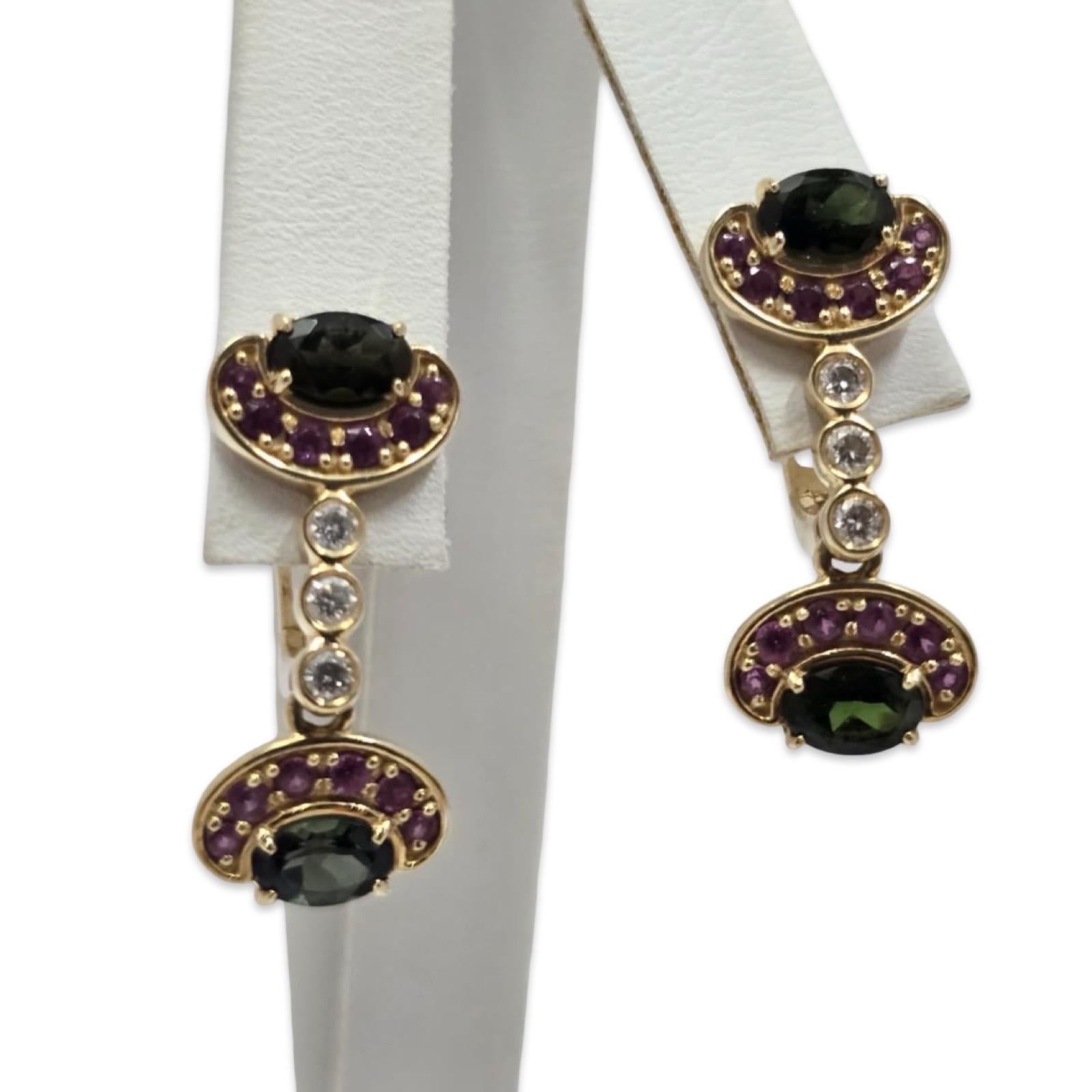 Vintage Russian 14K Gold 3,20ctw Turmalin & Diamant Tropfen Ohrringe baumeln Damen im Angebot