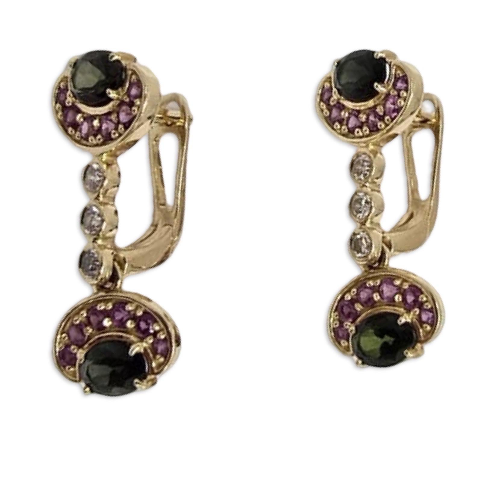 Vintage Russian 14K Gold 3,20ctw Turmalin & Diamant Tropfen Ohrringe baumeln im Angebot 1