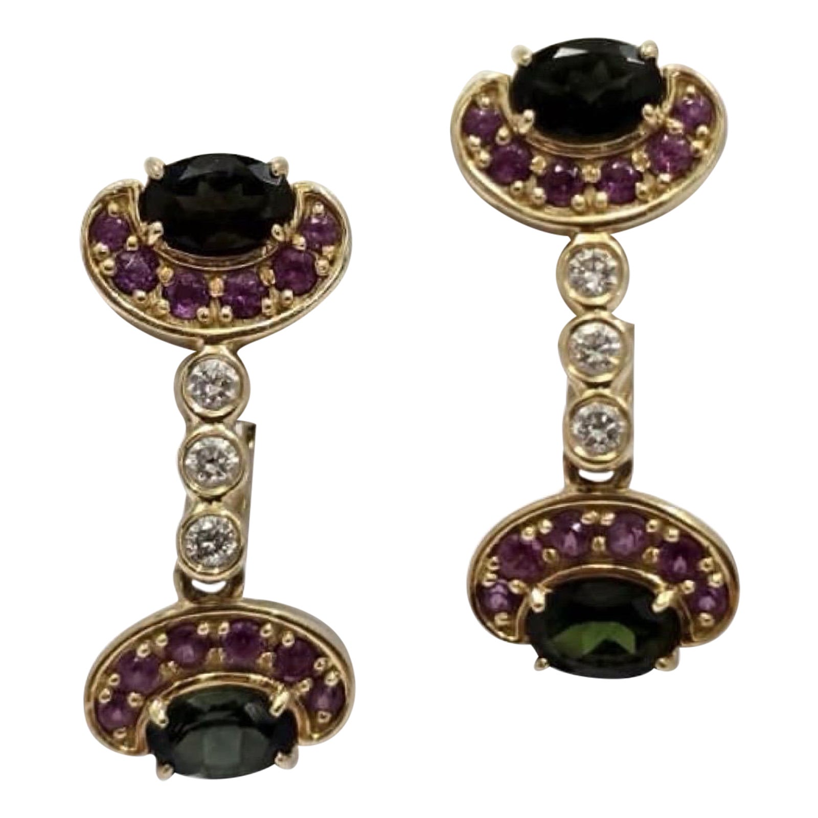 Vintage Russian 14K Gold 3,20ctw Turmalin 
Diamant Tropfen Ohrringe baumeln im Angebot