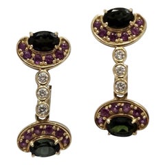 Orecchini pendenti vintage in oro 14K con tormalina e diamanti da 3,20 ct.