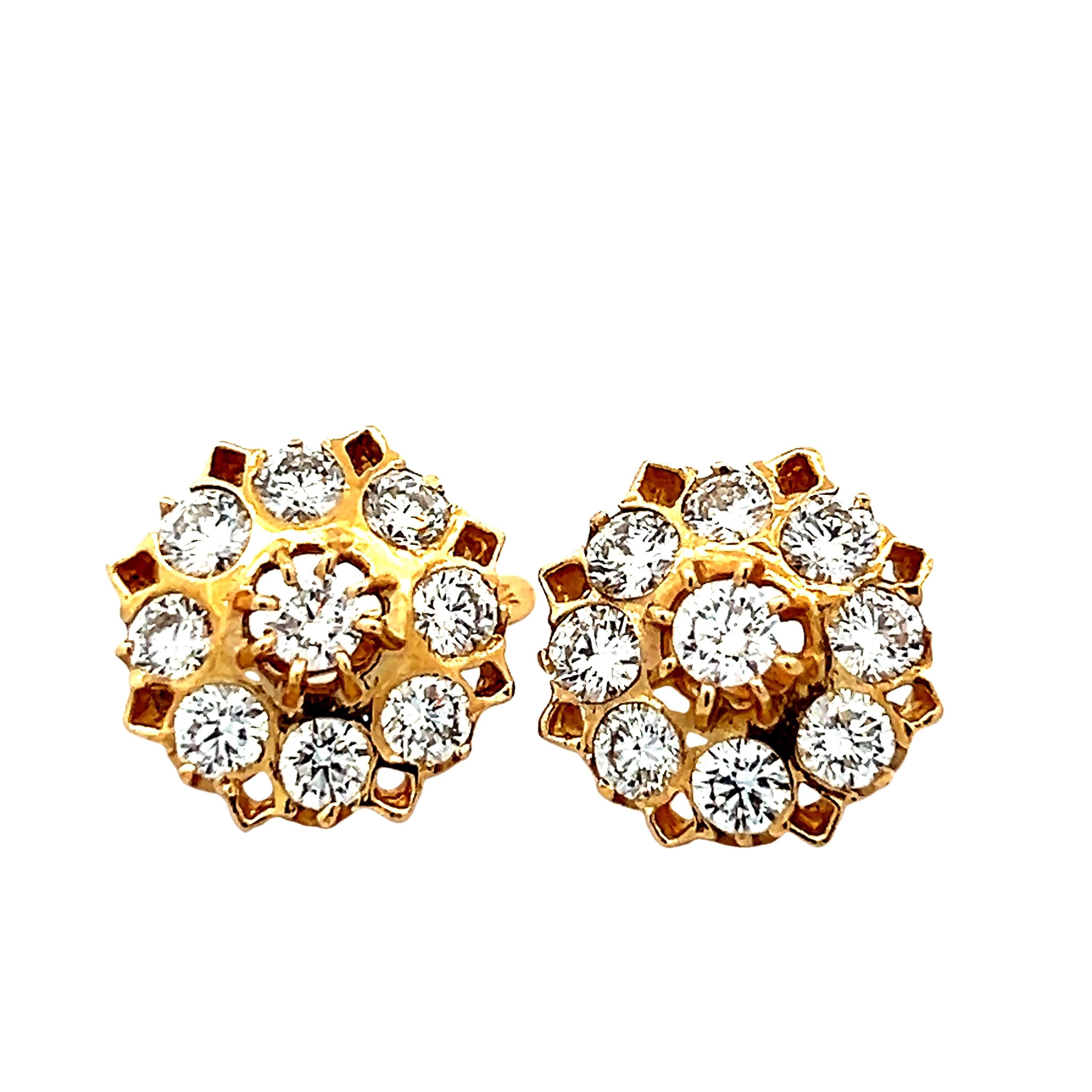 Vintage Russian 14K Gold Diamant Cluster Ohrringe, 4,00 Karat im Zustand „Hervorragend“ im Angebot in Miami, FL
