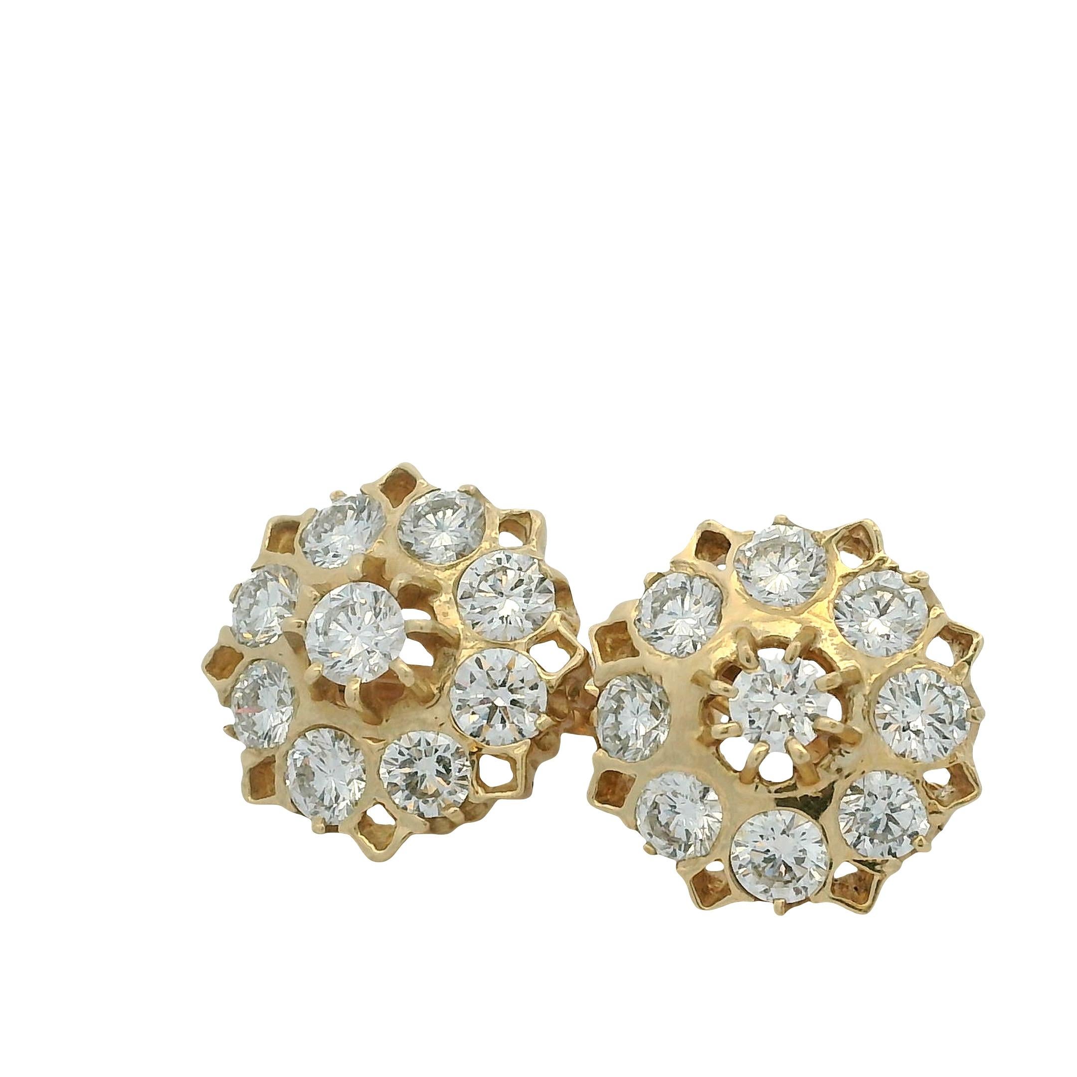 Pendientes rusos vintage de oro de 14 quilates con racimo de diamantes, 4,00 quilates en venta 3