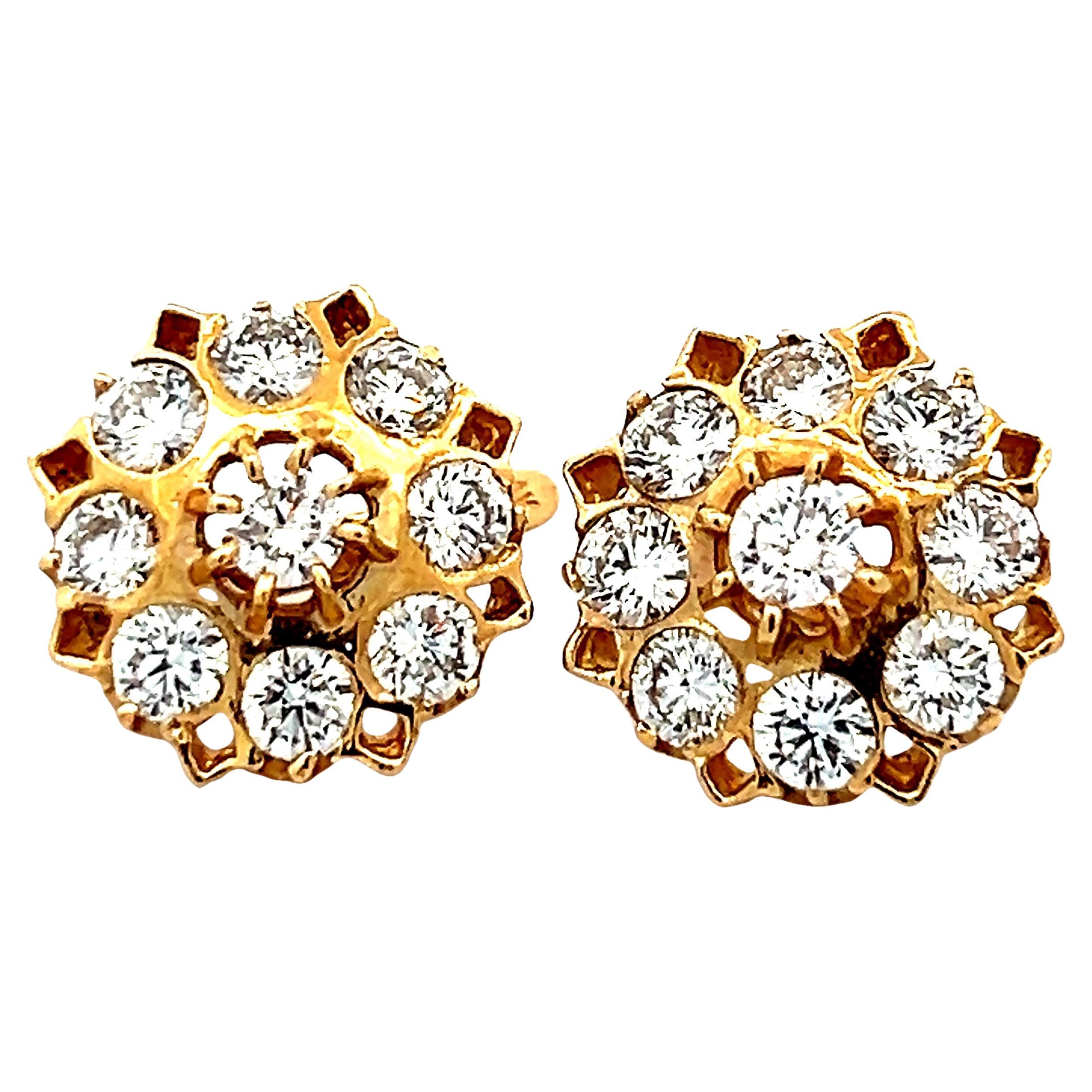 Vintage Russian 14K Gold Diamond Cluster Earrings, 4.00 Carats