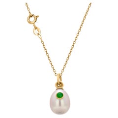 Vintage Russian 14K Gold Pearl and Emerald Egg Pendant Necklace