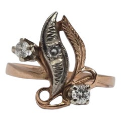 Anello russo vintage in oro rosa e bianco 14 carati con foglia di diamanti