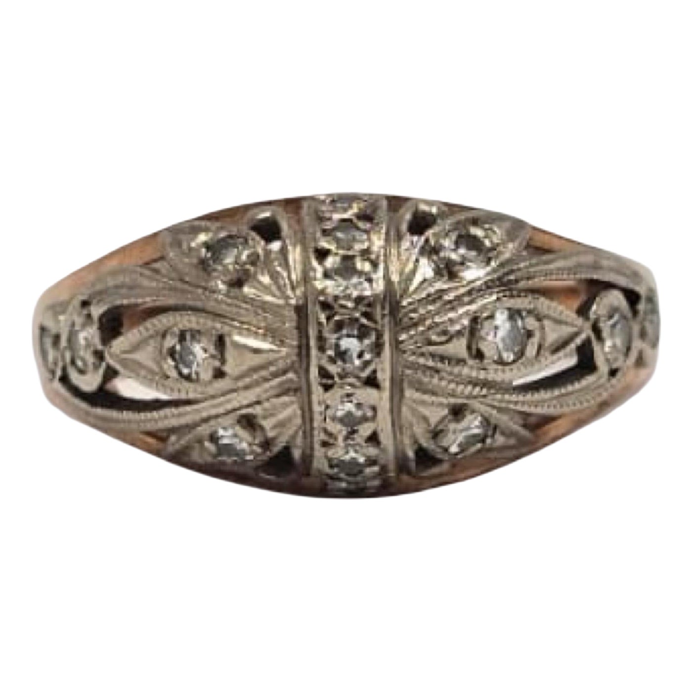 Anello vintage russo in oro rosa e bianco 14K con diamante