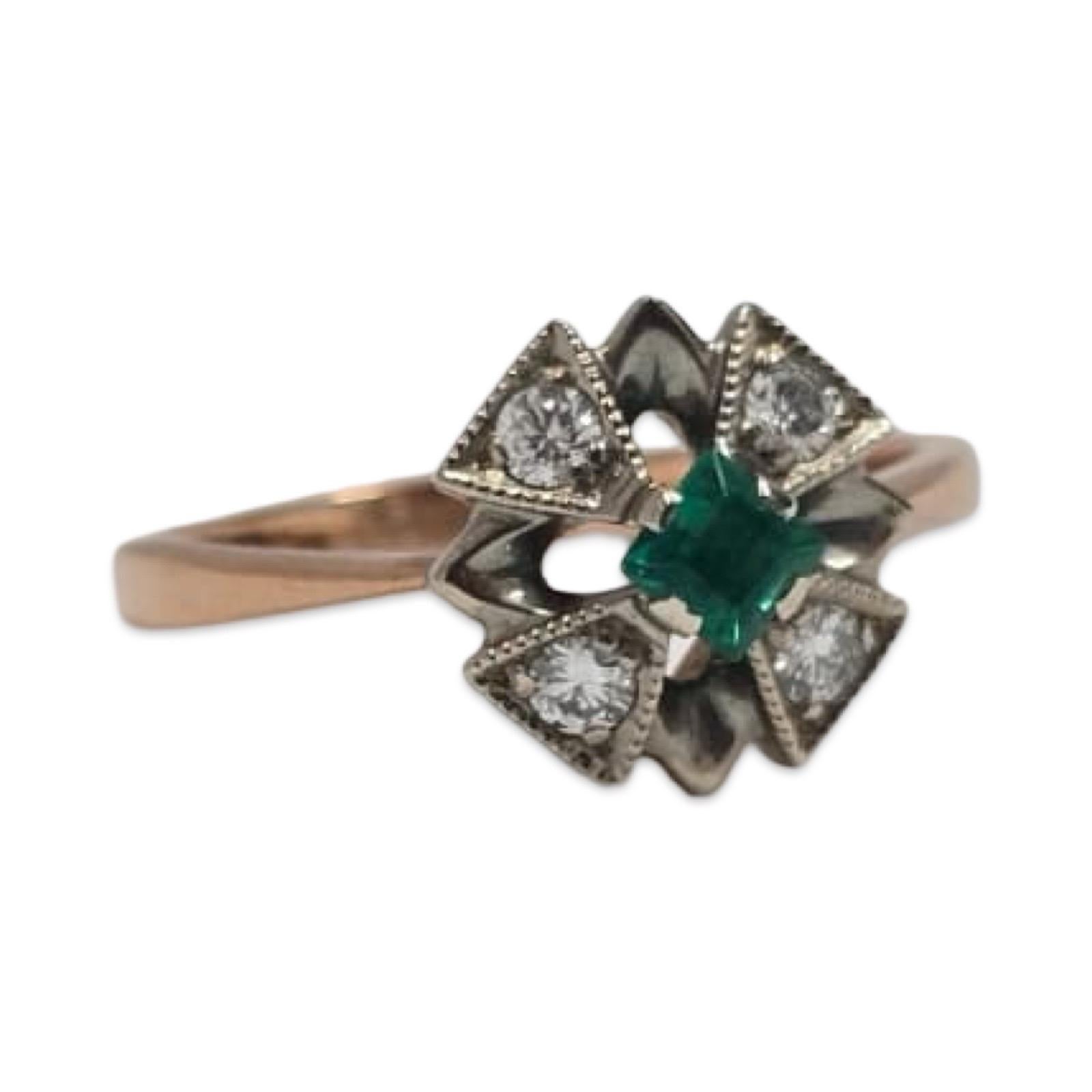 Square Cut Vintage Russian 14K Rose & White Gold Emerald Diamond Ring For Sale