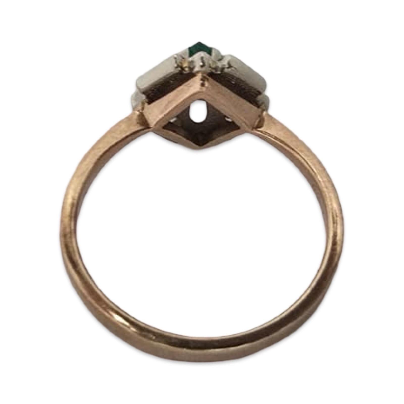 Vintage Russian 14K Rose & White Gold Emerald Diamond Ring For Sale 1