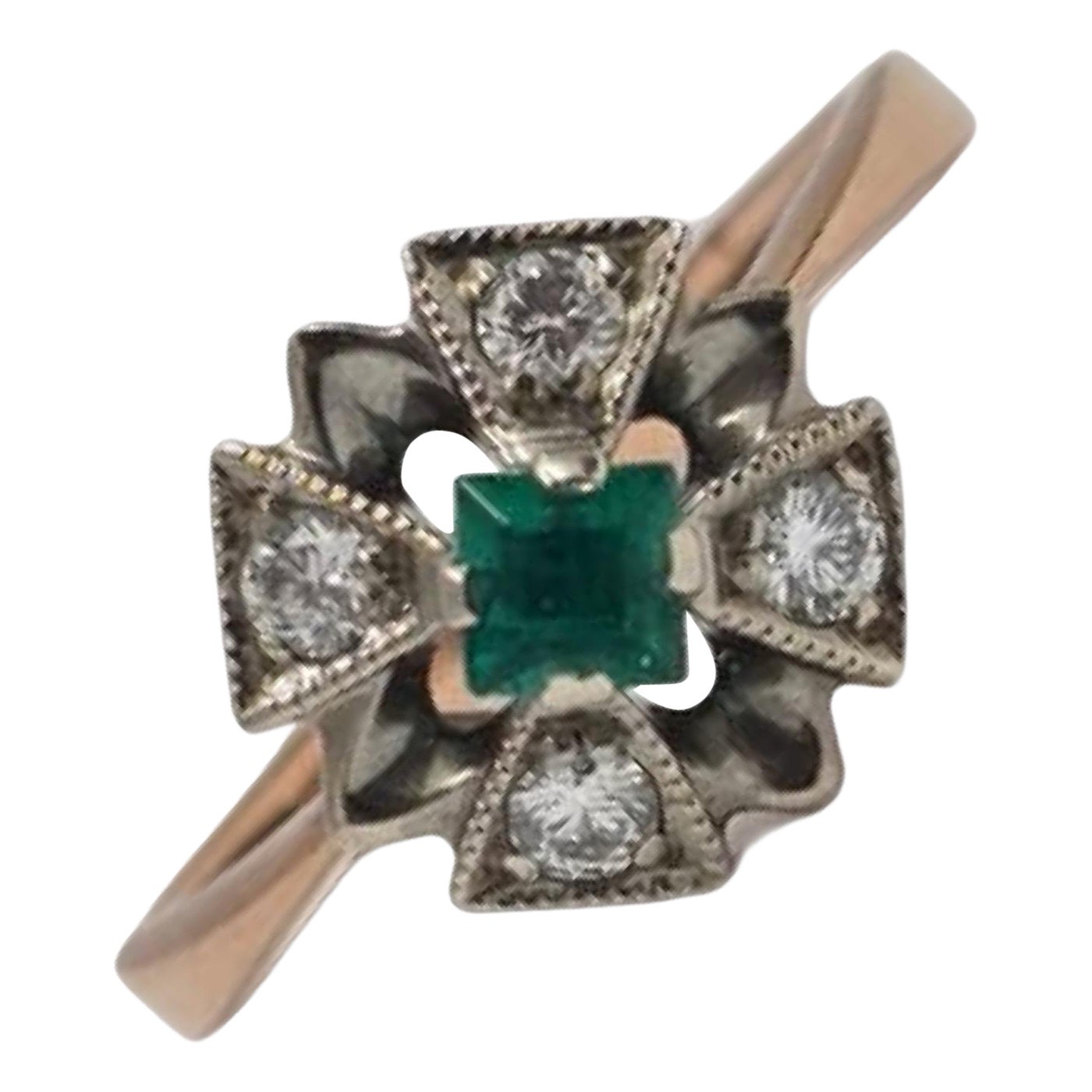 Vintage Russian 14K Rose & White Gold Emerald Diamond Ring For Sale