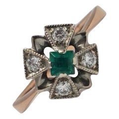 Vintage Russian 14K Rose & White Gold Emerald Diamond Ring