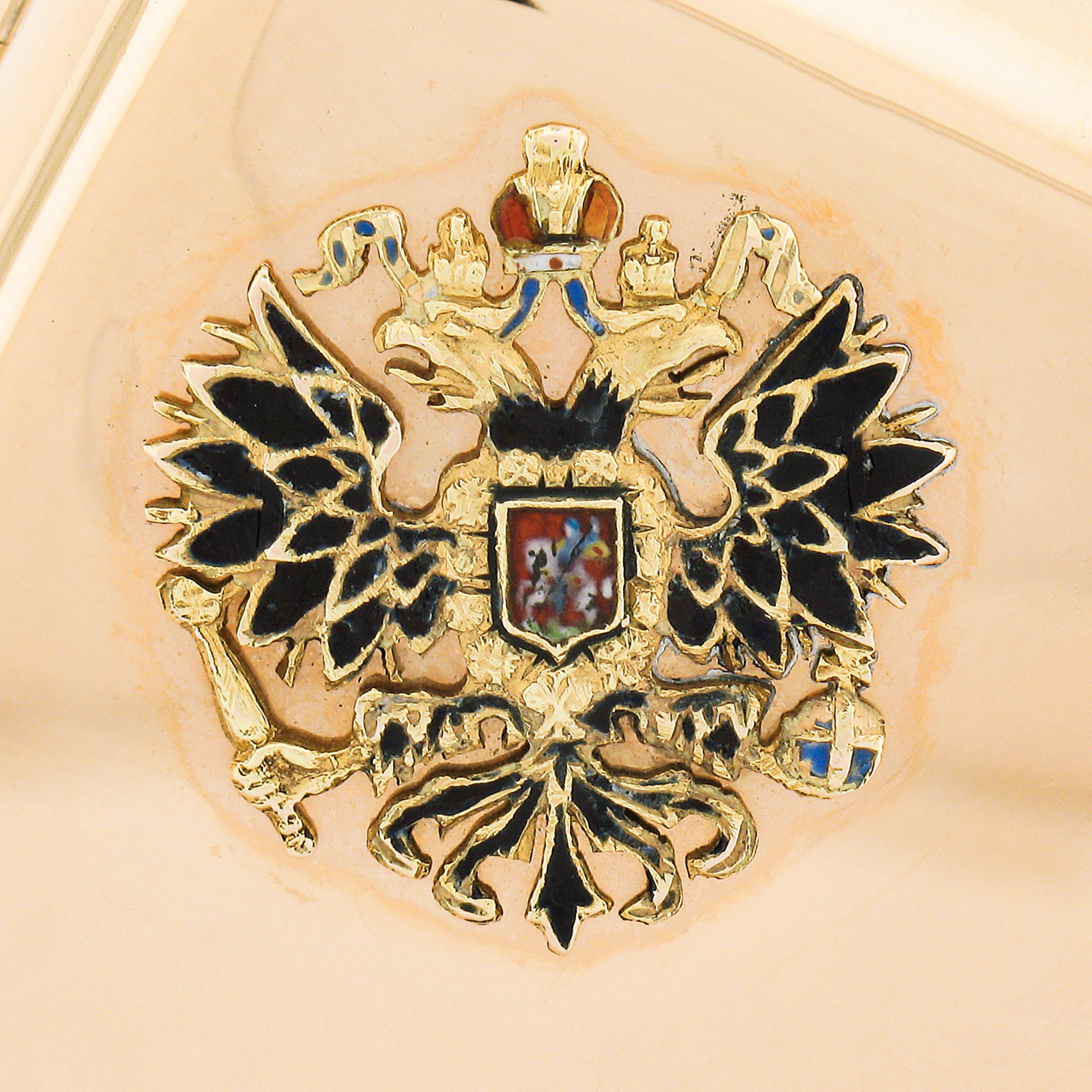 Women's or Men's Vintage Russian 14k Rosy Yellow Gold Enamel Seal Sapphire Polished Cigarette Box