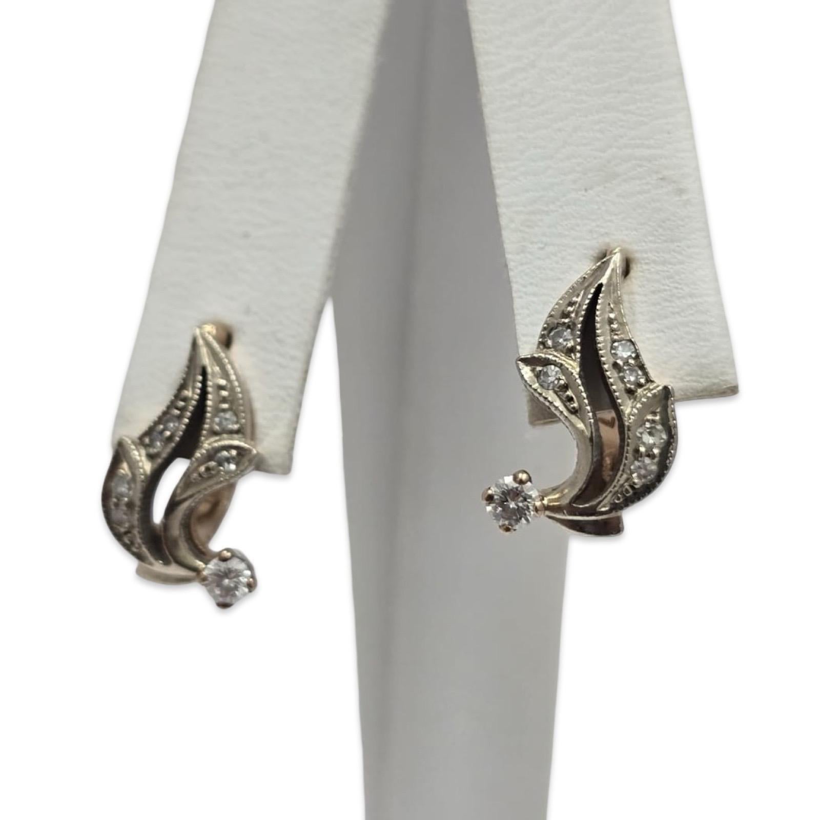 Pendientes rusos vintage de diamantes en dos tonos de 14K 0,42ctw - Motivo Llama Deco Corte redondo en venta