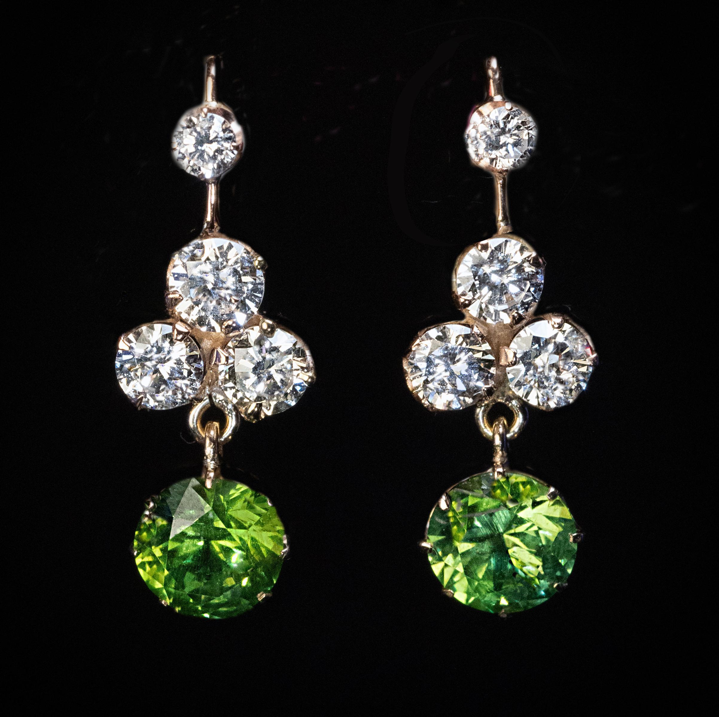 Vintage Russian 2.21 Ct Demantoid Diamond Dangle Earrings In Excellent Condition In Chicago, IL