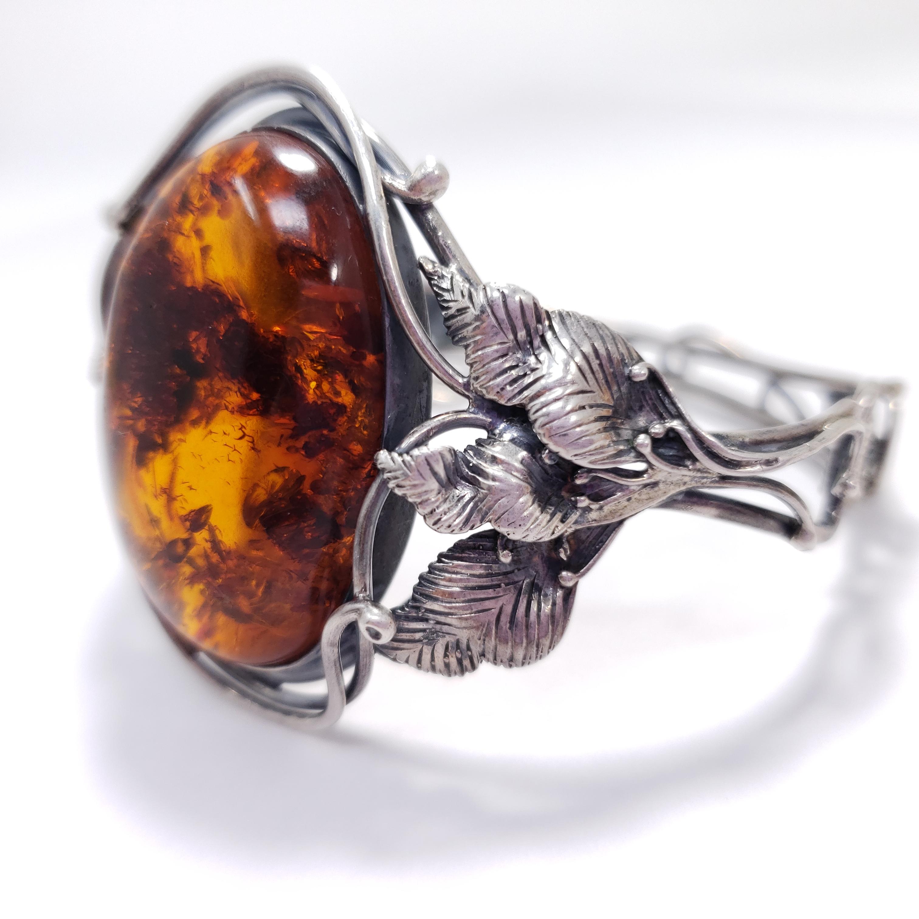 Russian Revival Vintage Russian Baltic Amber Cabochon Bracelet, Floral Sterling Silver Cuff For Sale