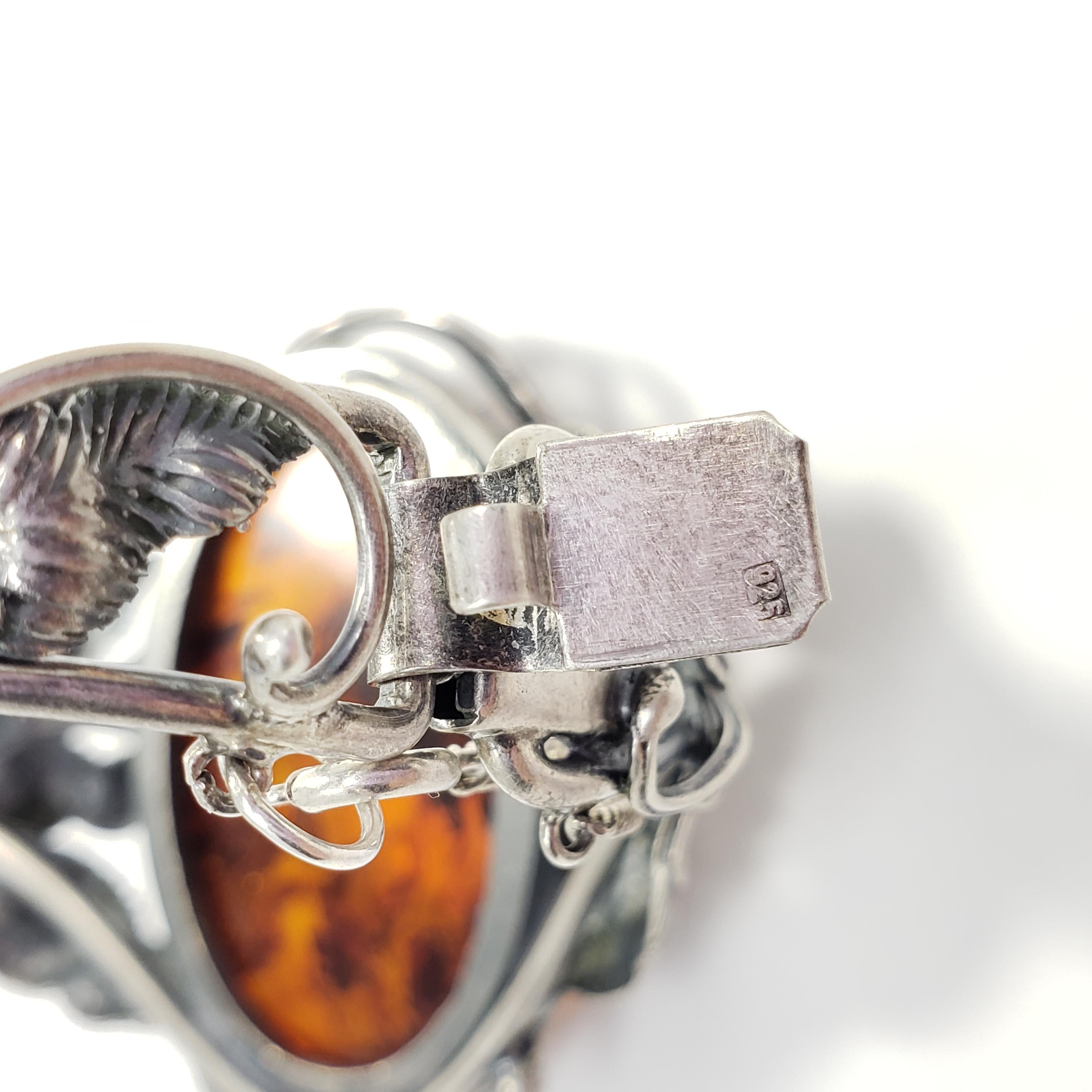 Vintage Russian Baltic Amber Cabochon Bracelet, Floral Sterling Silver Cuff In Excellent Condition For Sale In Milford, DE