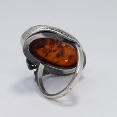 Vintage Russian Baltic Amber Cabochon Ring, Floral Silver Bezel, Open Back, Sz 7
