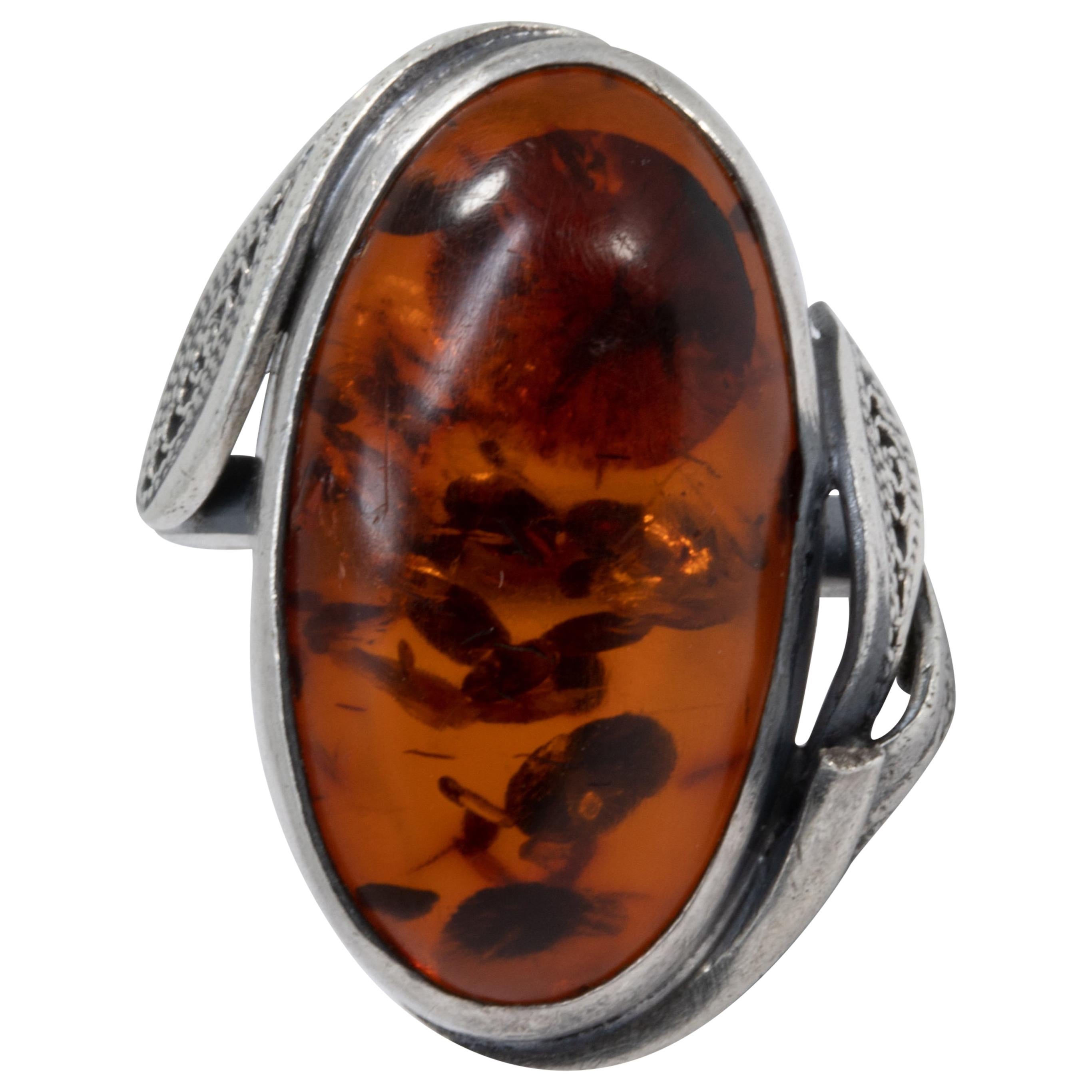 Vintage Russian Baltic Amber Cabochon Ring, Floral Silver Bezel, Open Back, Sz 7 For Sale